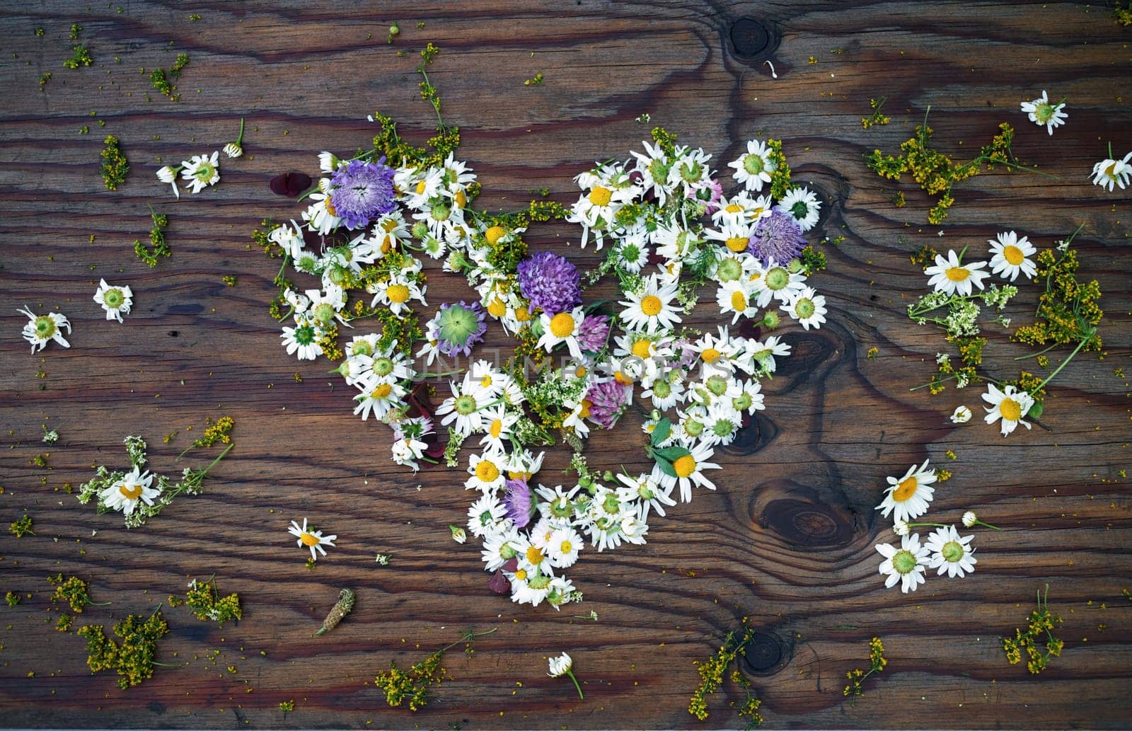 Heart symbol made of wild flowers and leaves on vintage wooden table background. Top view.