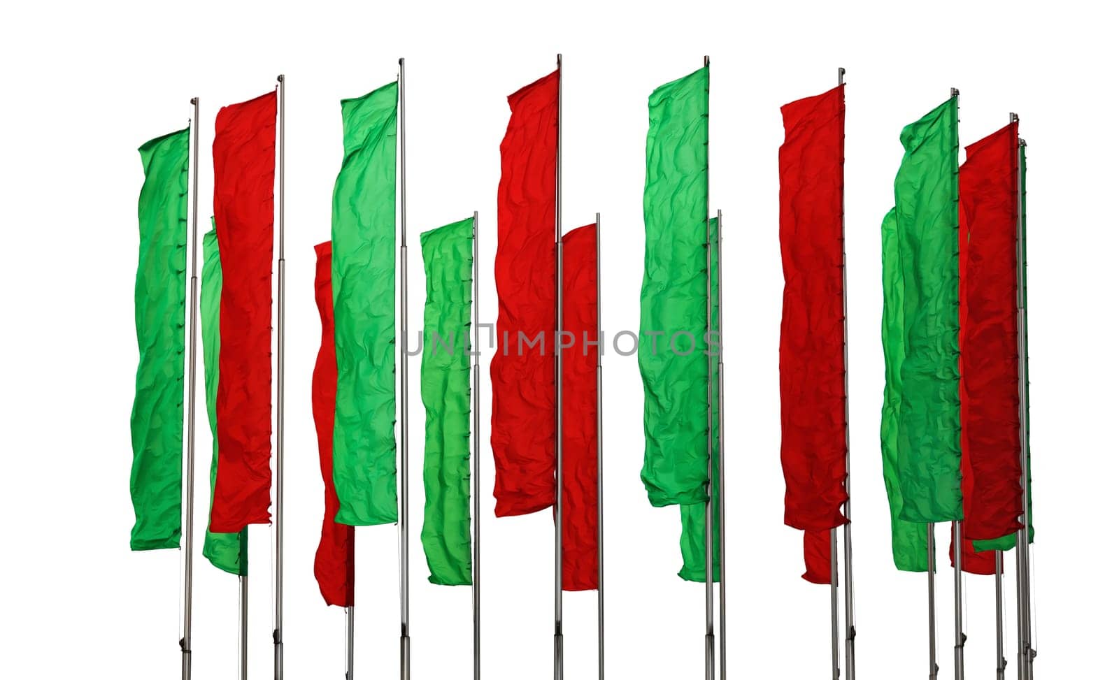 Several flagpoles with vertical green and red flags