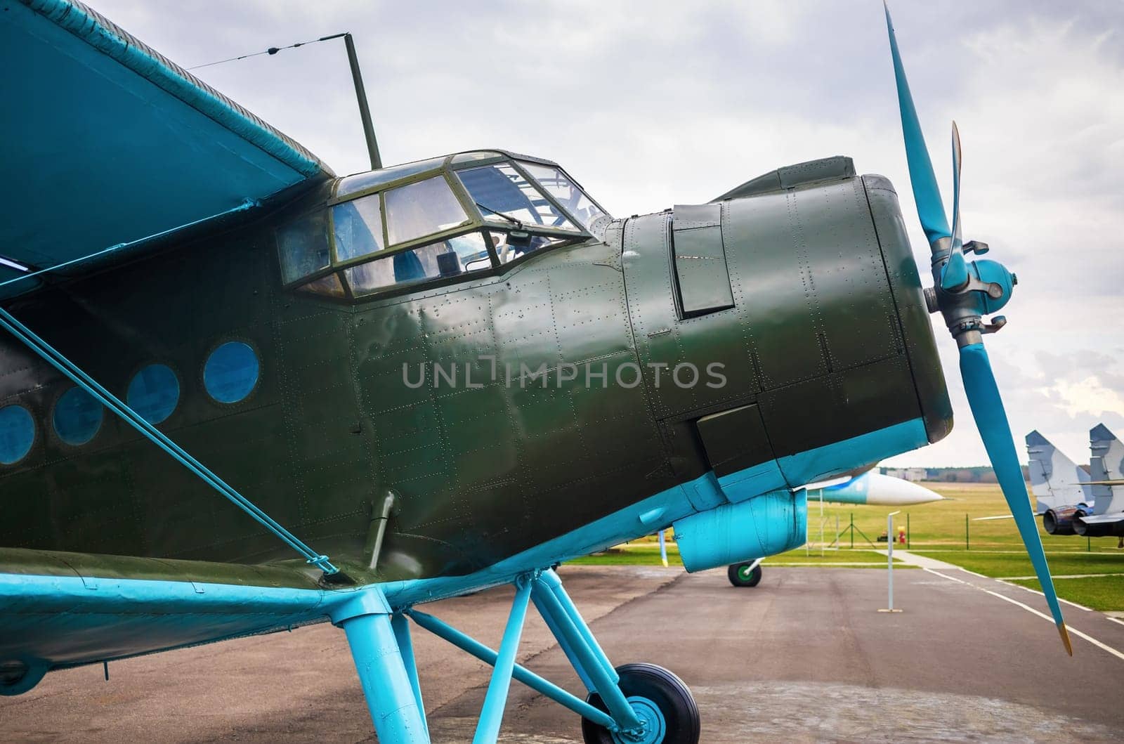 Retro airplane. Old vintage single-engined biplane closeup.