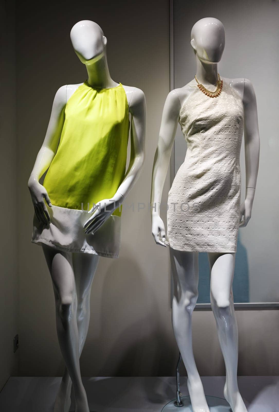 Fashion concept. Photo of two elegant female mannequins demonstrating clothes.