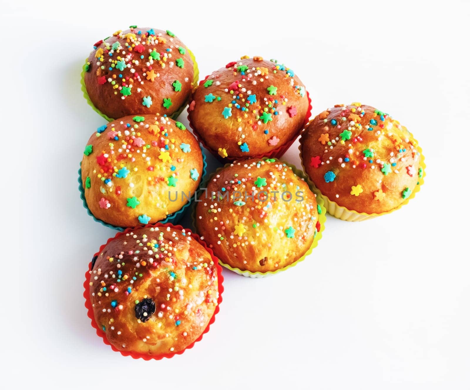 Appetizing delicious sweet homemade muffins. Top view.