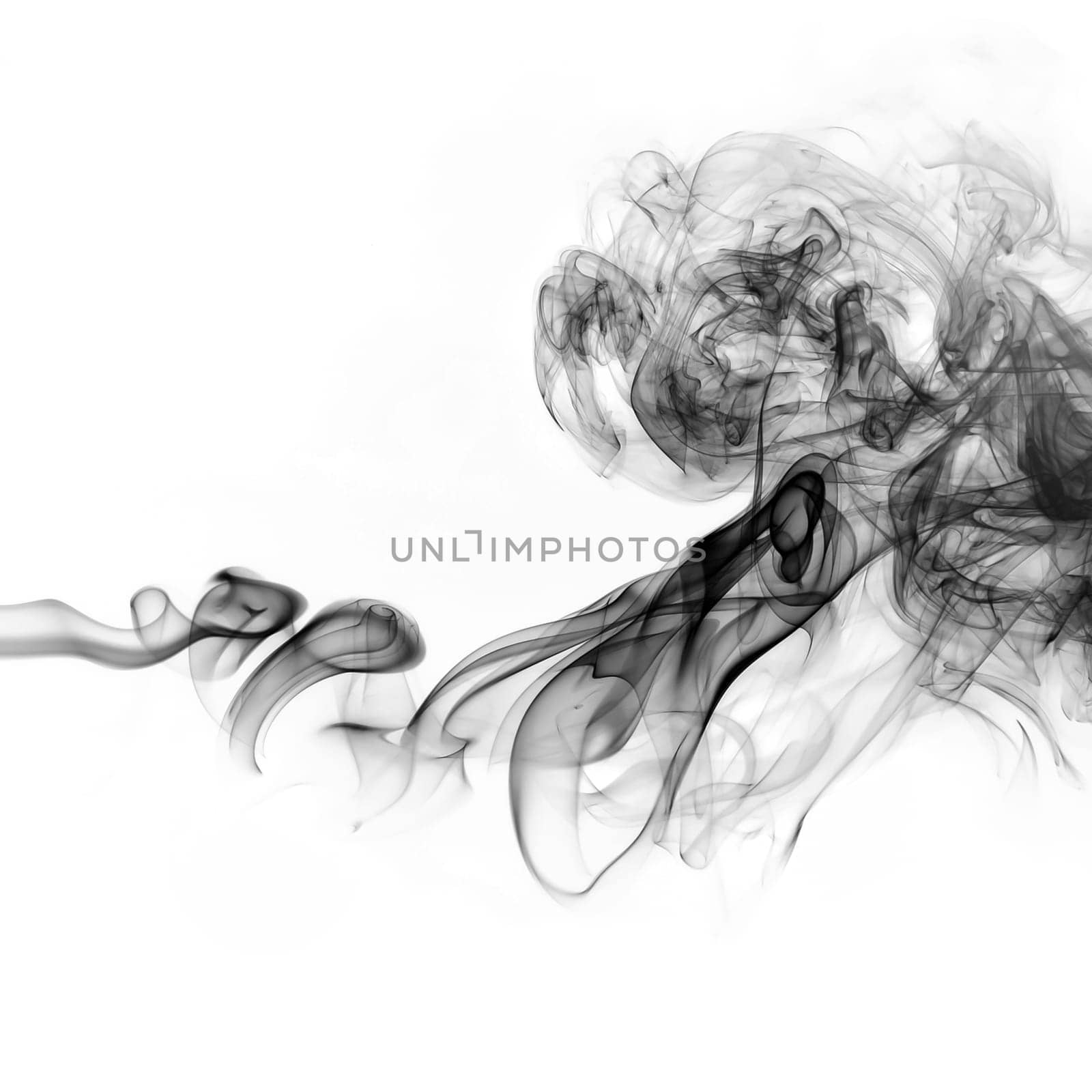 Black smoke swirls on white background. Studio shot.