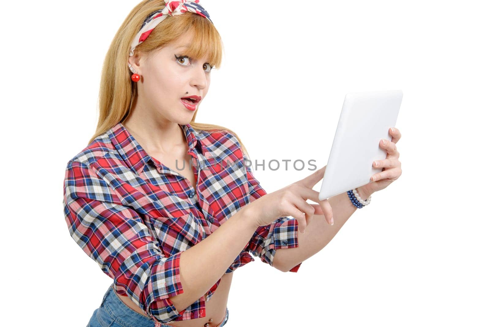 portrait of a pretty girl in retro style with digital tablet, isolated on white