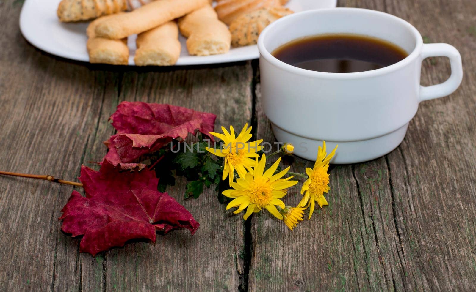 coffee, autumn leaf, flower and plate with sweets, a subject fall, food and drinks