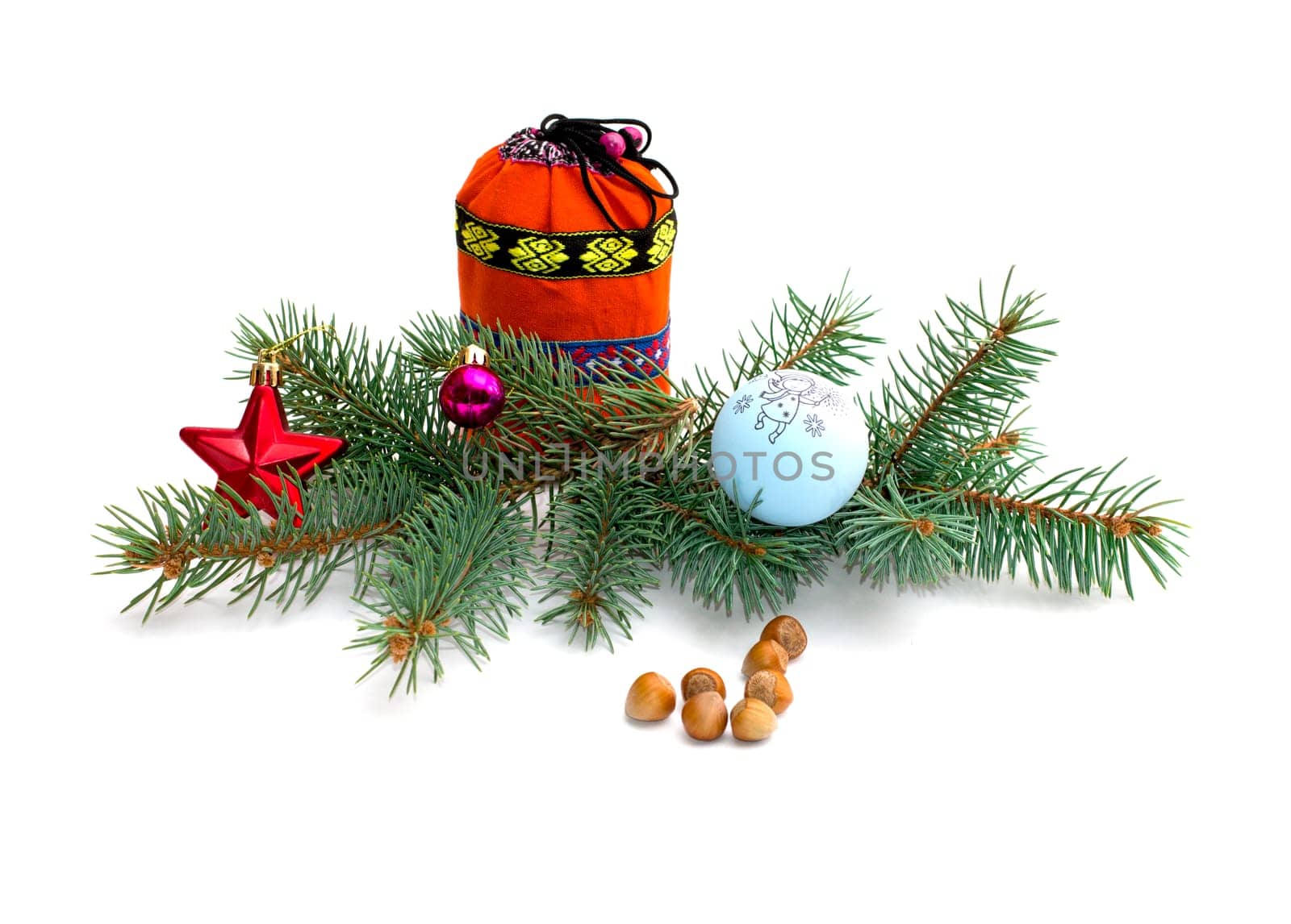 Christmas, fir-tree branch with ornament, a bag with gifts and nutlets, the subject Christmas and New Year