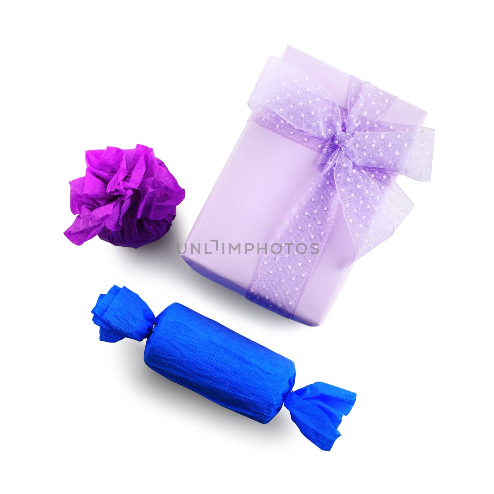 Bright purple and blue gift boxes. Isolated with clipping path on white background. Top view.