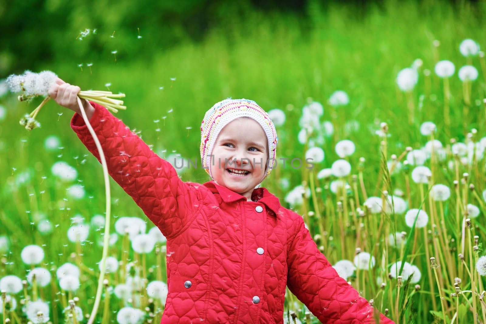 Happy baby girl with dandelions in hand on a background of bright green grass. Shallow depth of field. Selective focus on the model's face.