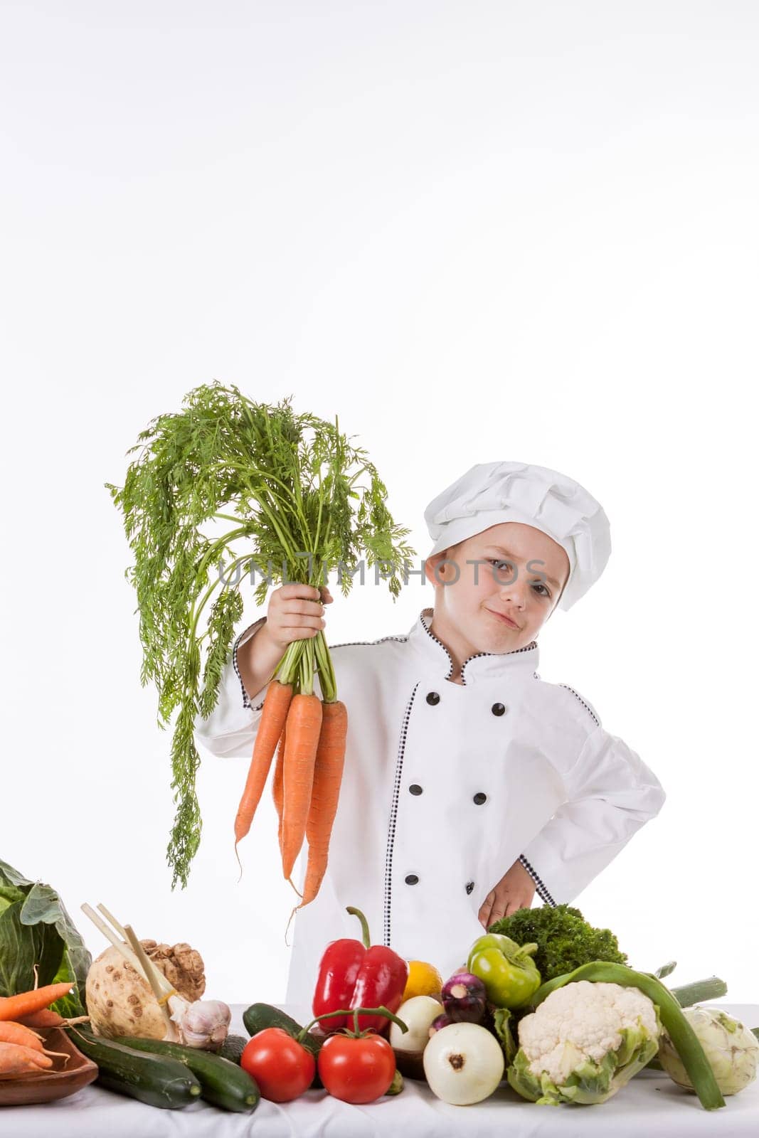 One little boy as chef cook making salad, cooking with vegetables. Isolated on white.