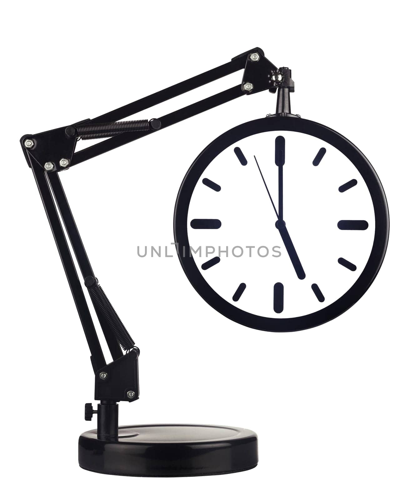 Black clock with arm showing five o'clock isolated on white background