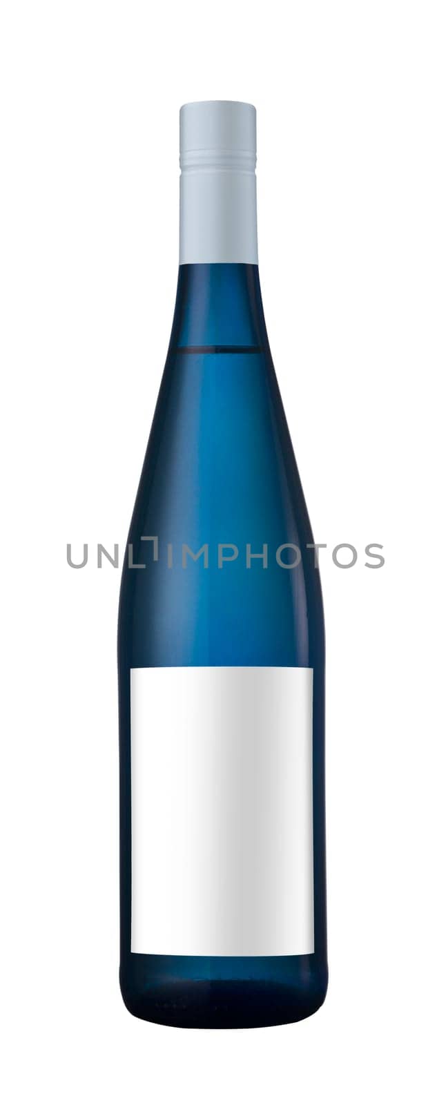 Blue bottle of wine with blank label and pilfer isolated on white background