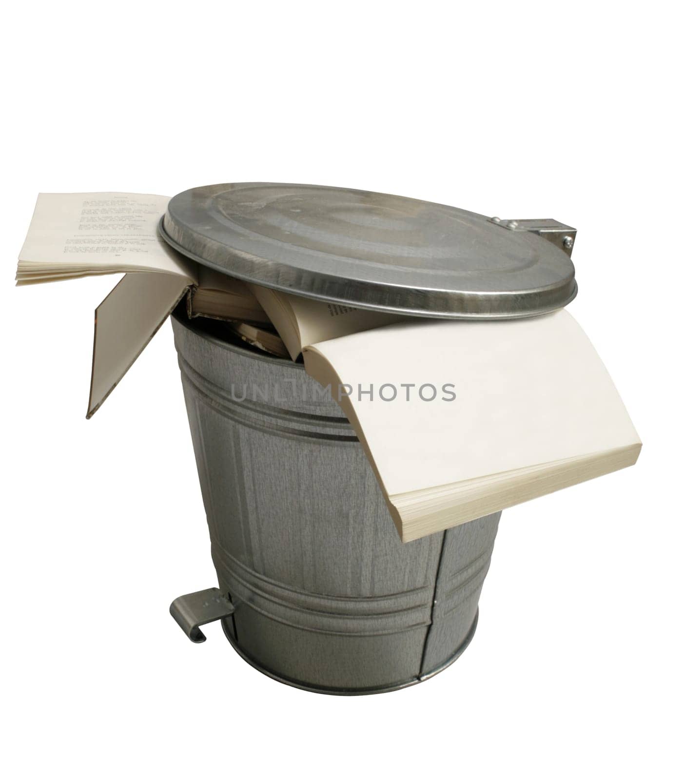 Open books thrown in a metallic trash can isolated on white background
