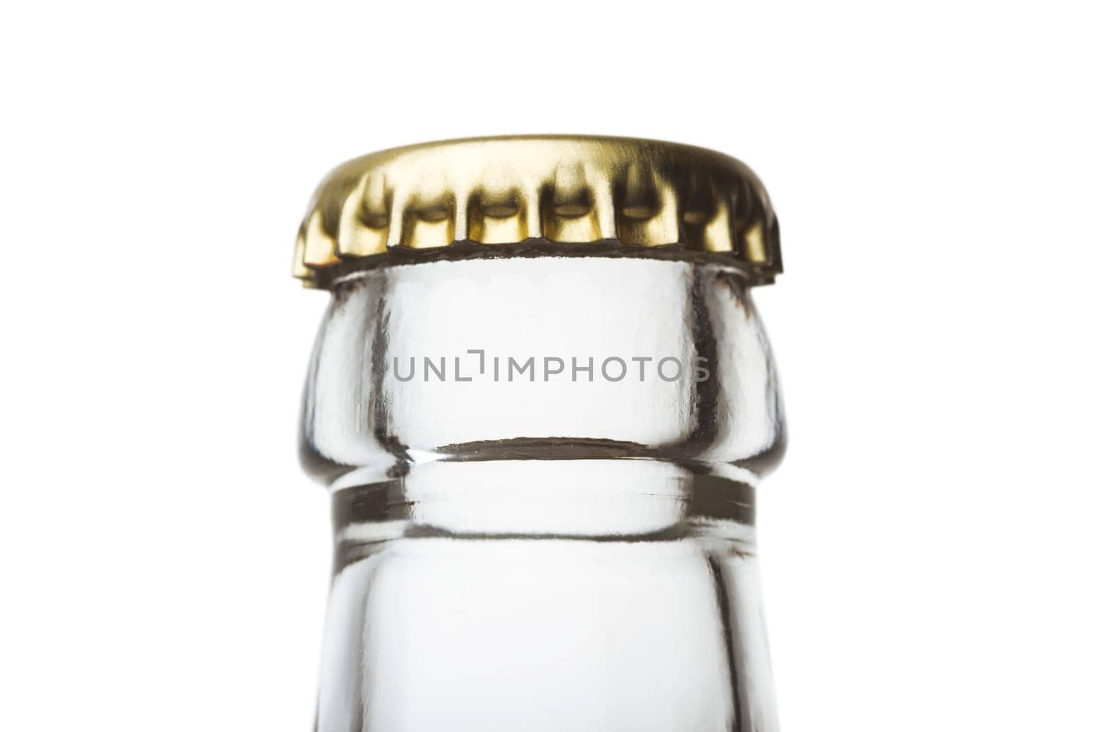 Beer bottle close up isolated on white background, cap visible
