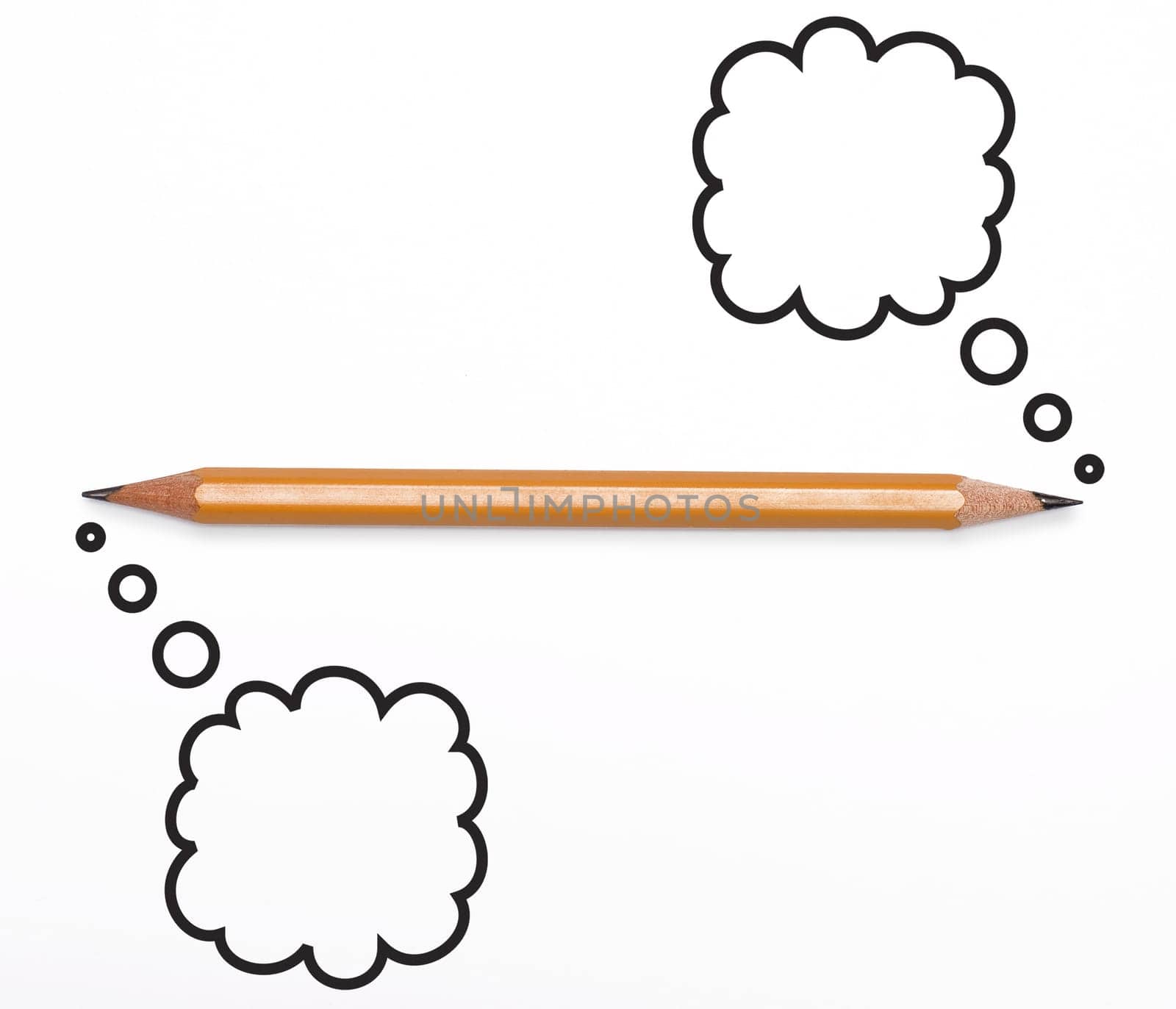 Top view of a yellow pencil sharpened on both ends with thinking bubbles, isolated on white