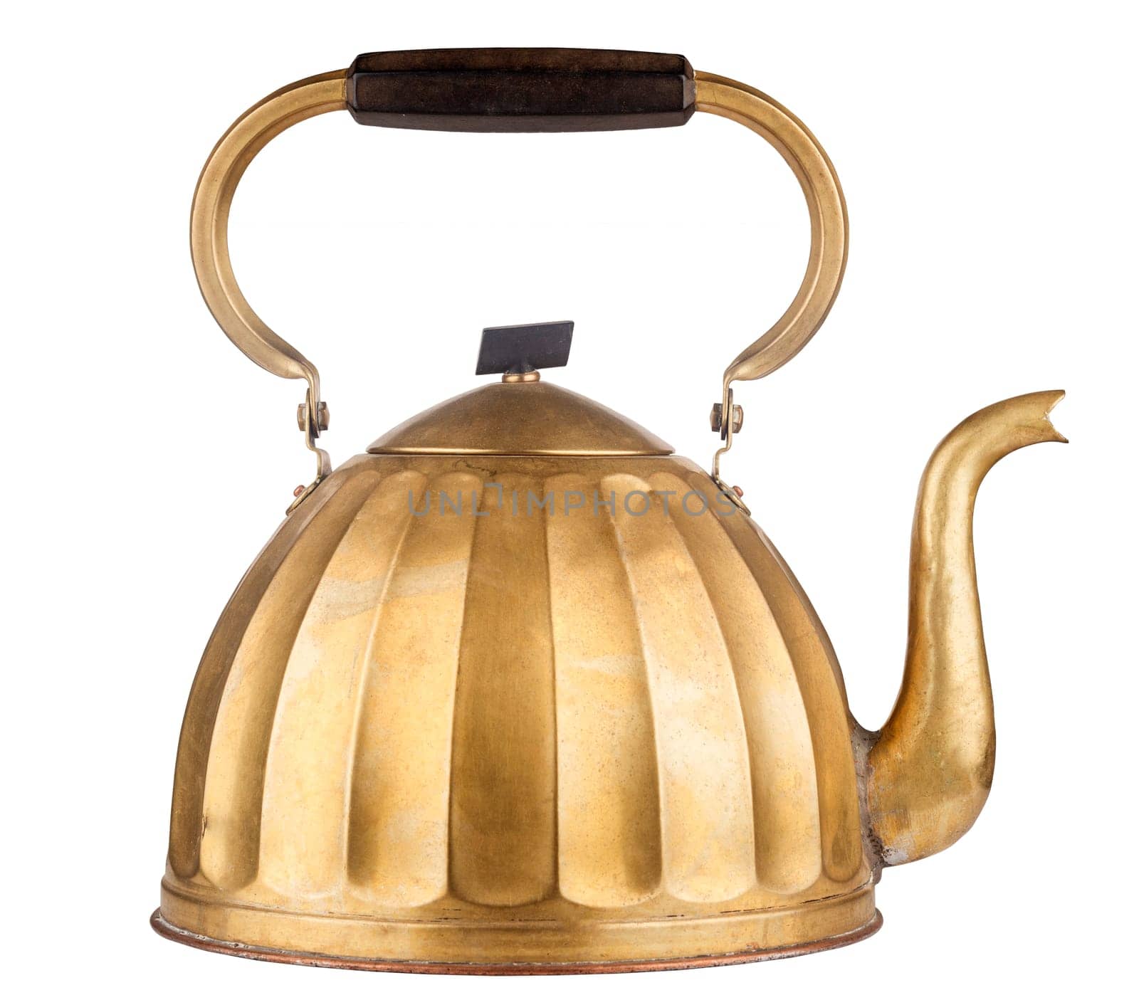 Vintage golden tea kettle isolated on white background