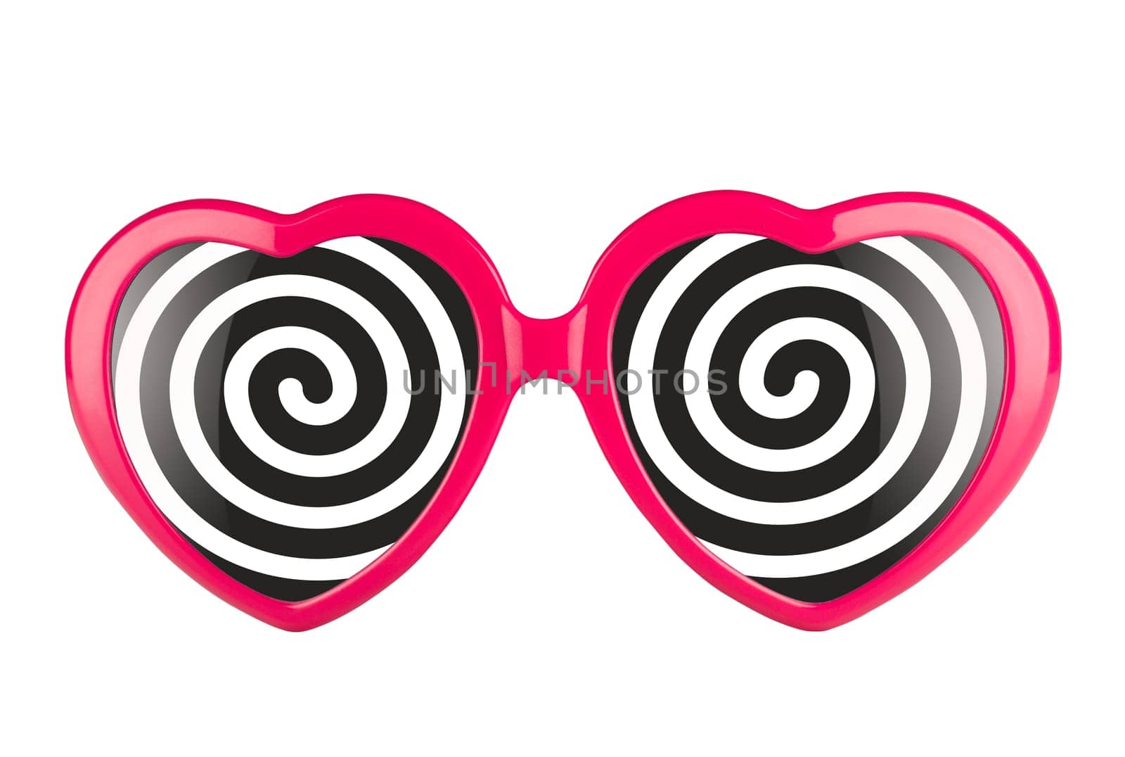 A pair of pink heart shaped glasses with black and white hypnotizing spirals