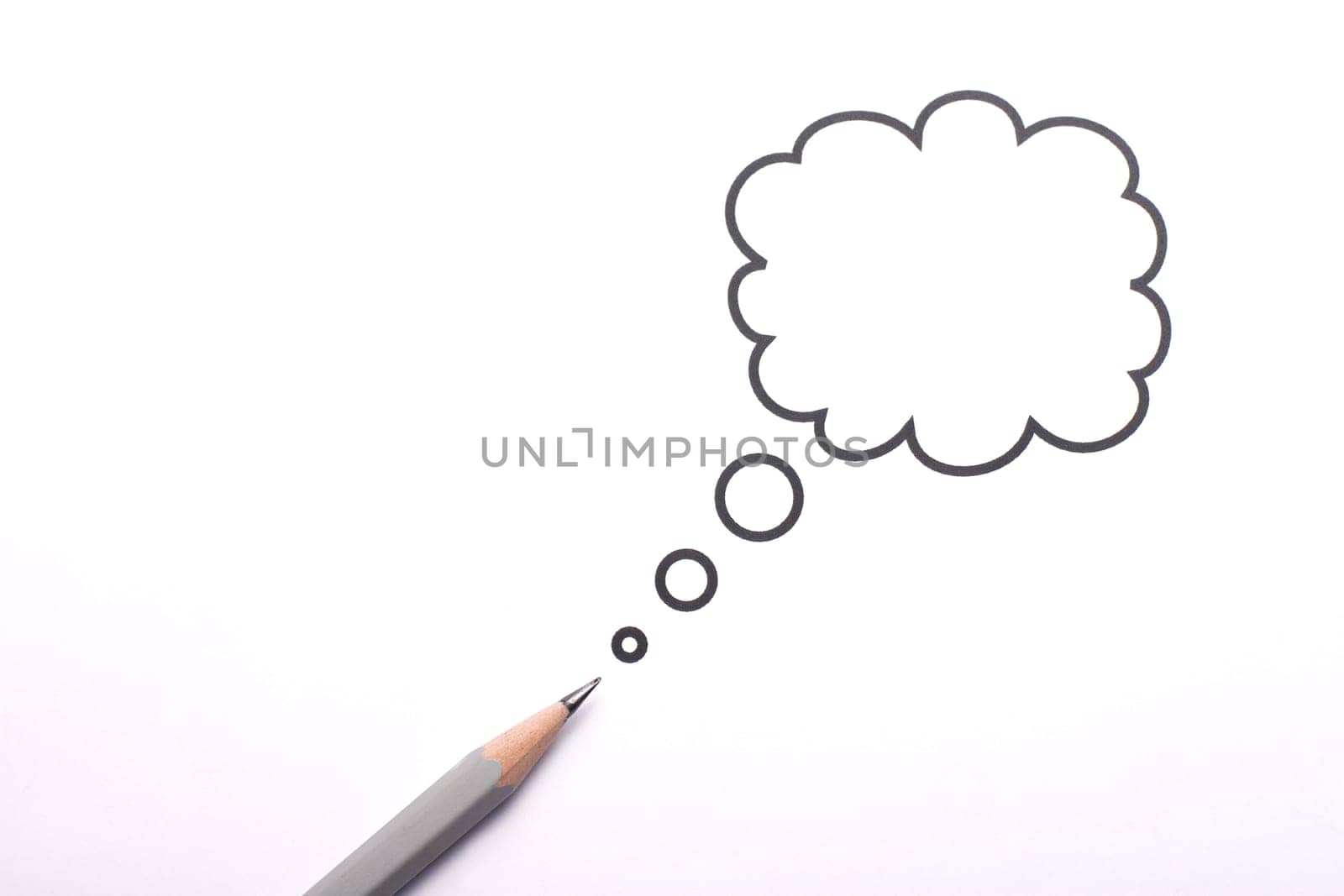 Top view of a grey pencil with a speech bubble isolated on white background