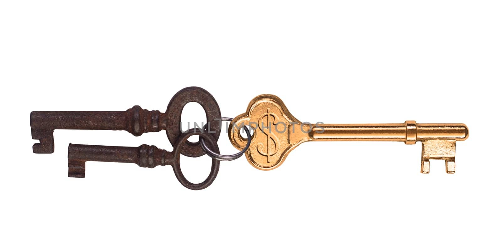 A golden key with engraved dollar sign and two rusted ones.