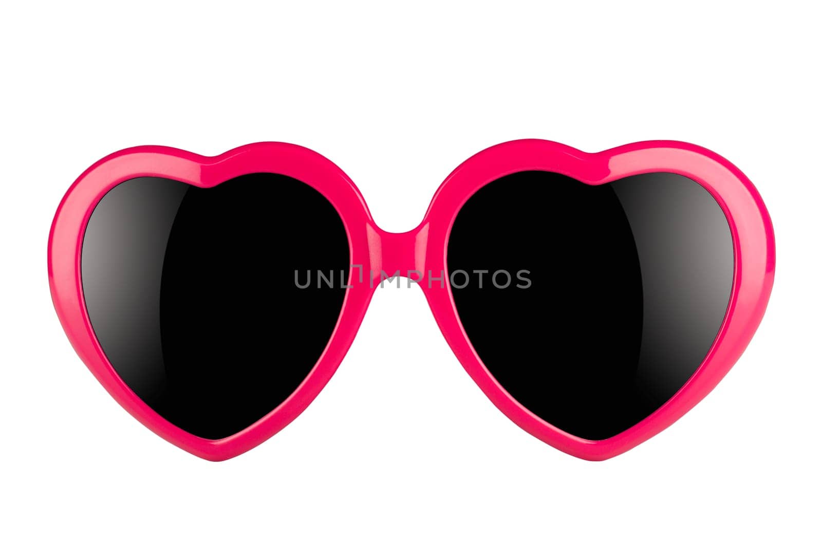 A pair of pink heart shaped sun glasses with black lenses isolated on white background