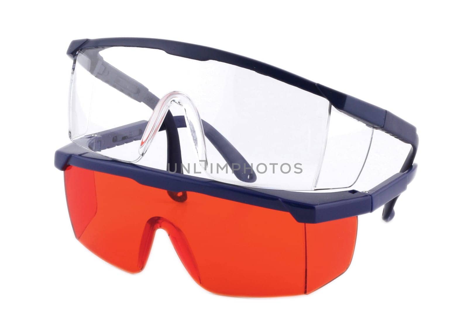 Horizontal side view of two pairs of protective medical eyewear isolated on white background
