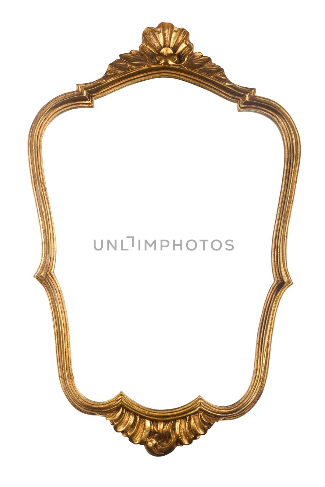 Isolated vintage golden wood frame with ornaments.
