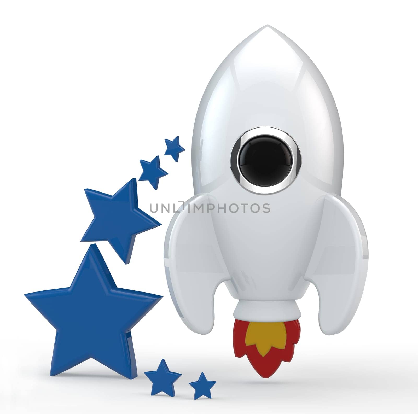 3D render of a symbolic white rocket with six blue stars on its left. The rocket is painted in white and has red and yellow flames coming out from its thrusters. All elements are isolated on white.