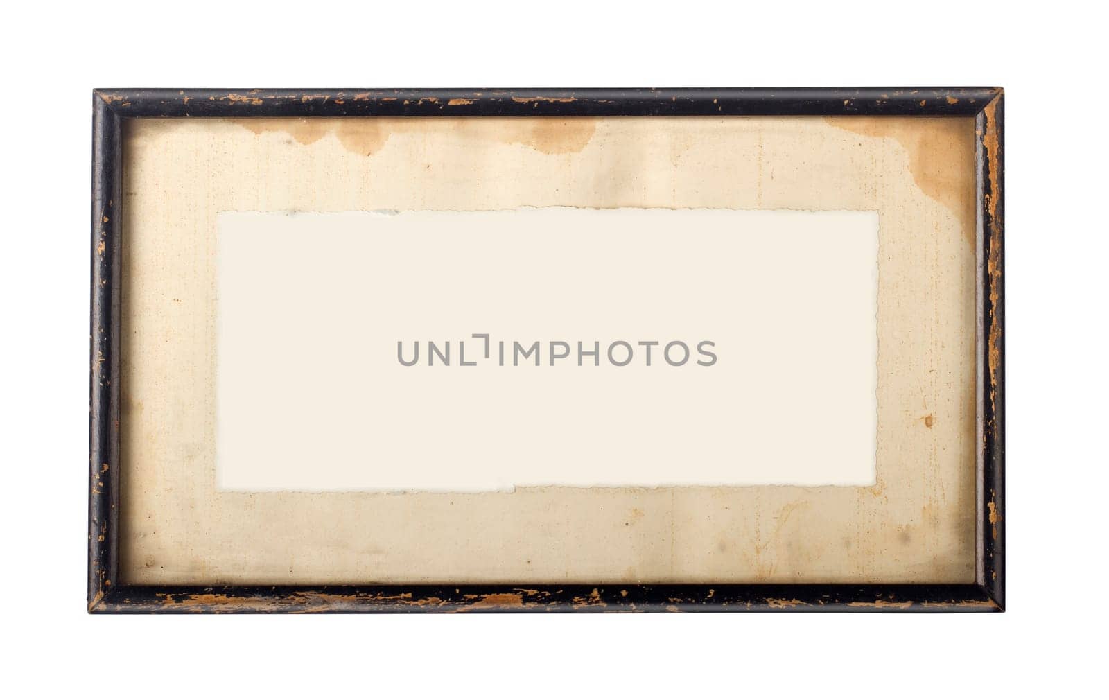 Vintage, black wooden frame with stained background paper.