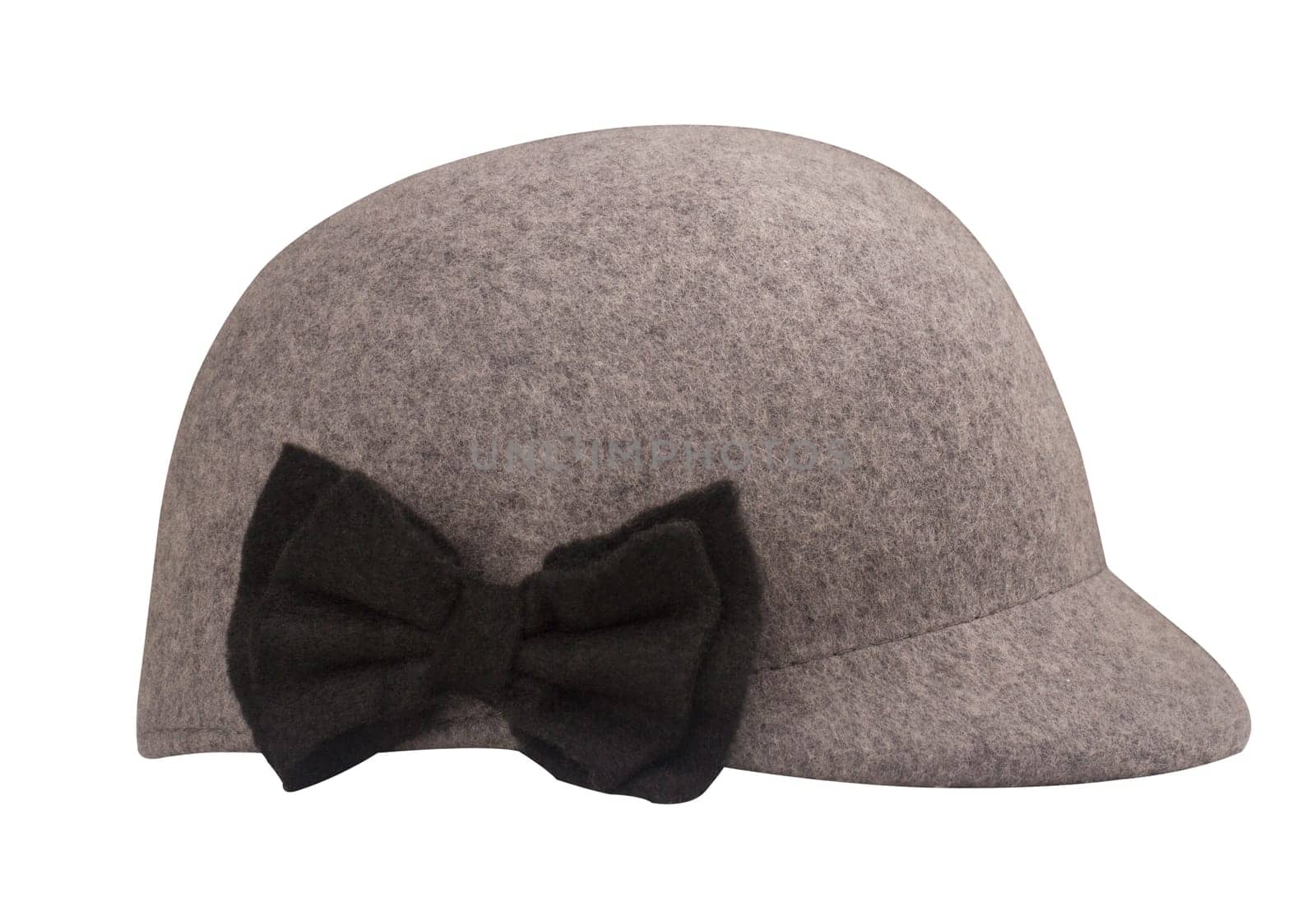 Grey wool riding hat with a black bow-knot isolated on white background