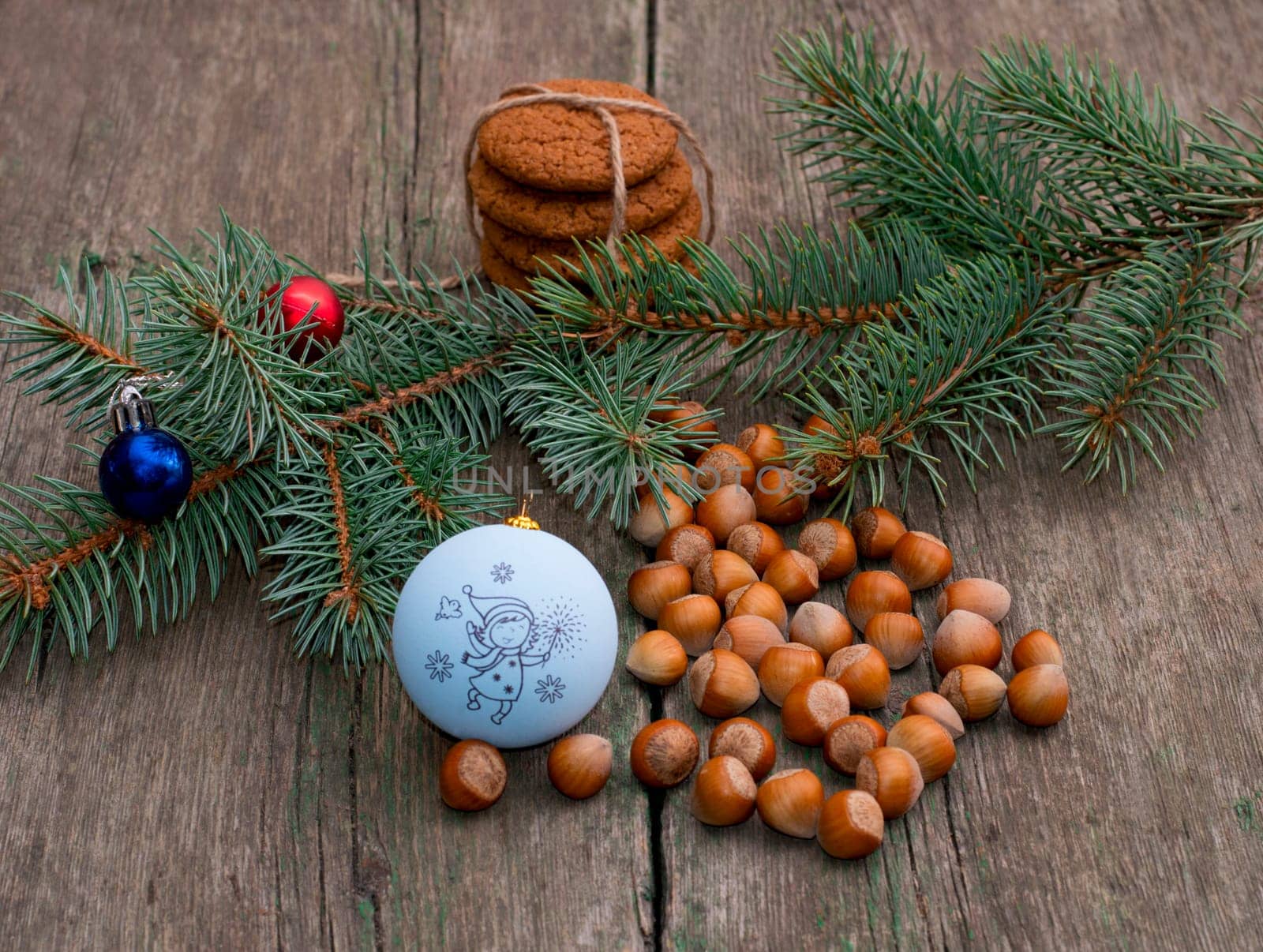 baking, nutlets, Christmas tree decorations and coniferous branch, still life, subject Christmas and New Year