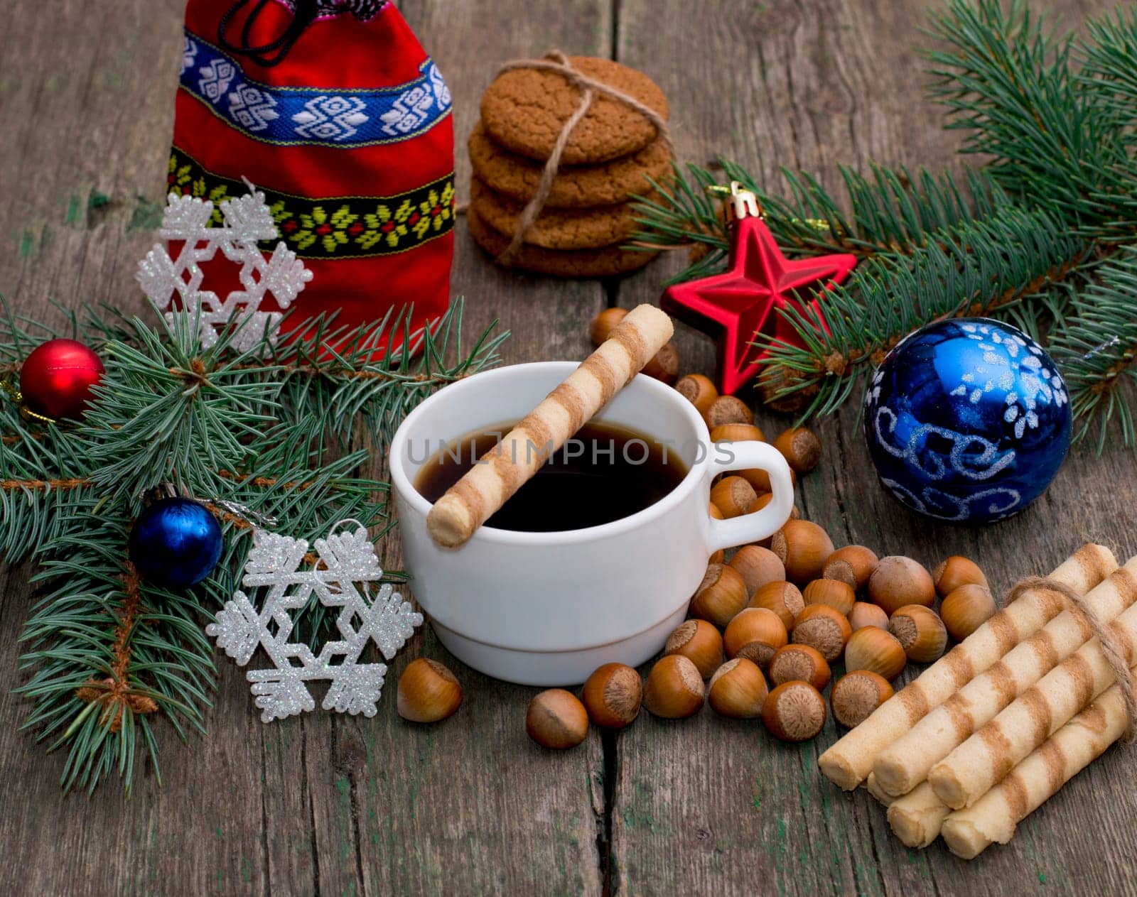coffee, gift bag, nutlets. baking and fir-tree branch, subject holidays Christmas and New Year