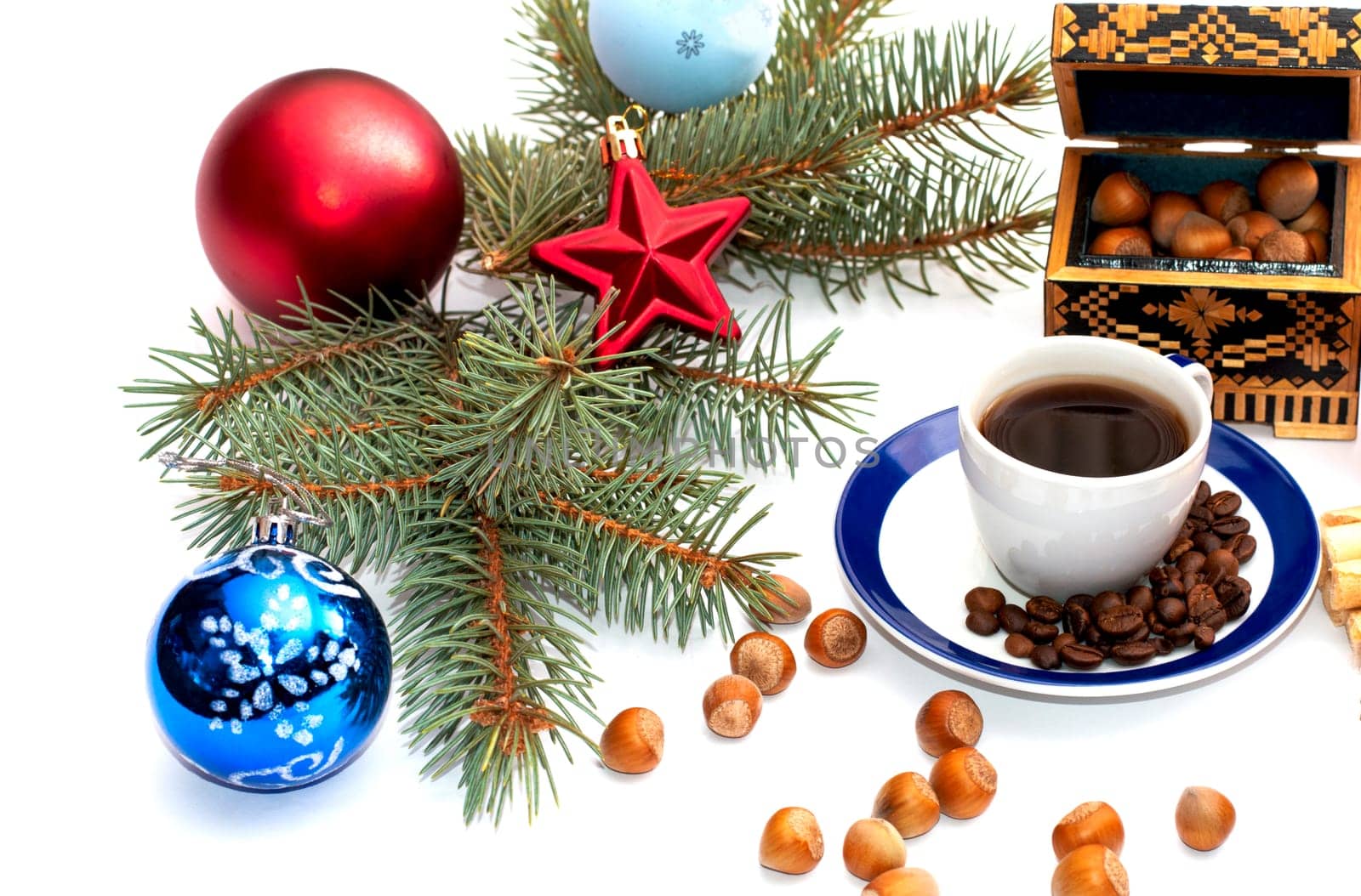 coffee, fir-tree branch, casket and forest nutlets, subject hot drinks and sweets, holidays Christmas and New Year