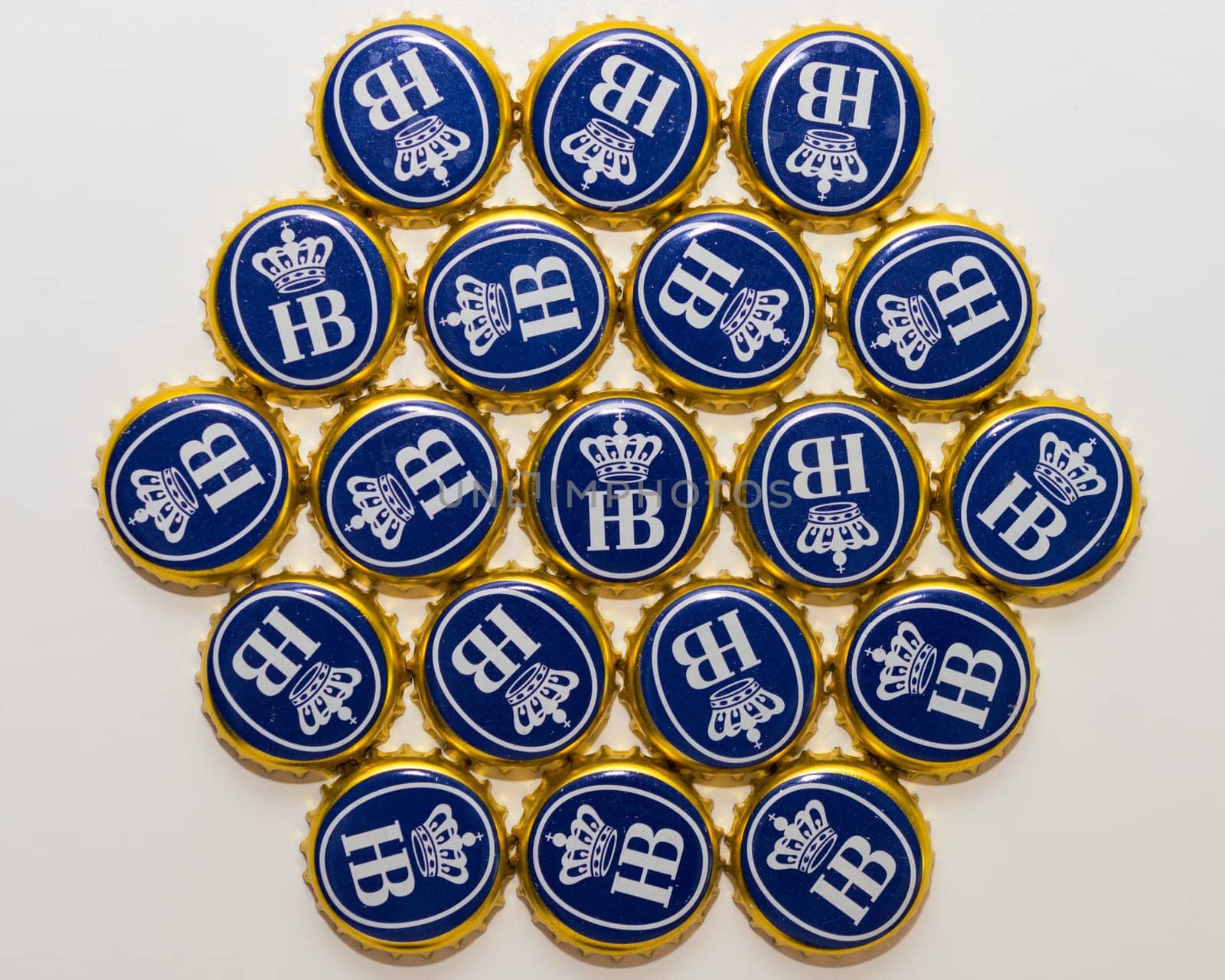 Munich, Germany - June 10, 2016: Many bottle caps of beer from Bavarian brewery Hofbrau Munich