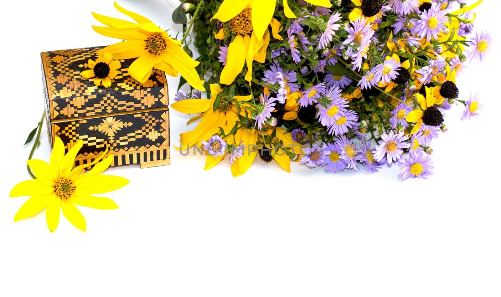 bouquet of wild flowers and casket, isolate, subject seasons and flowers