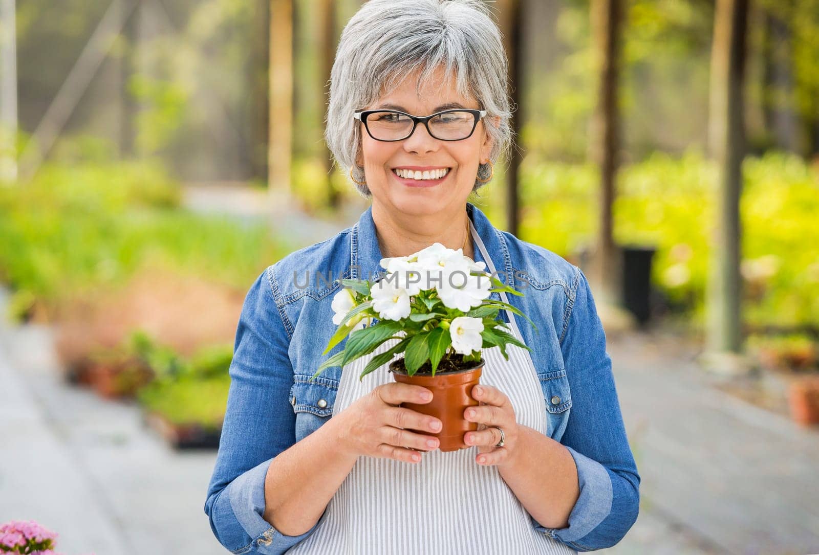 Beautiful mature woman working in a greenhouse holding flowers on her hands