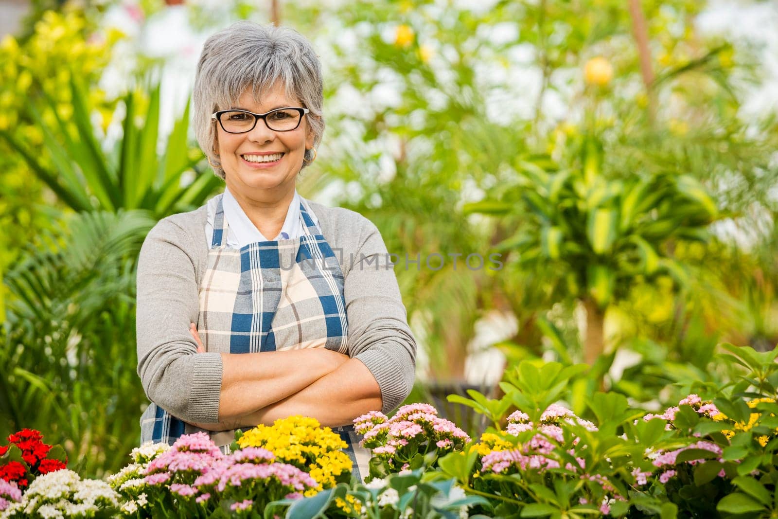 Beautiful mature woman working in a greenhouse holding flowers on her hands