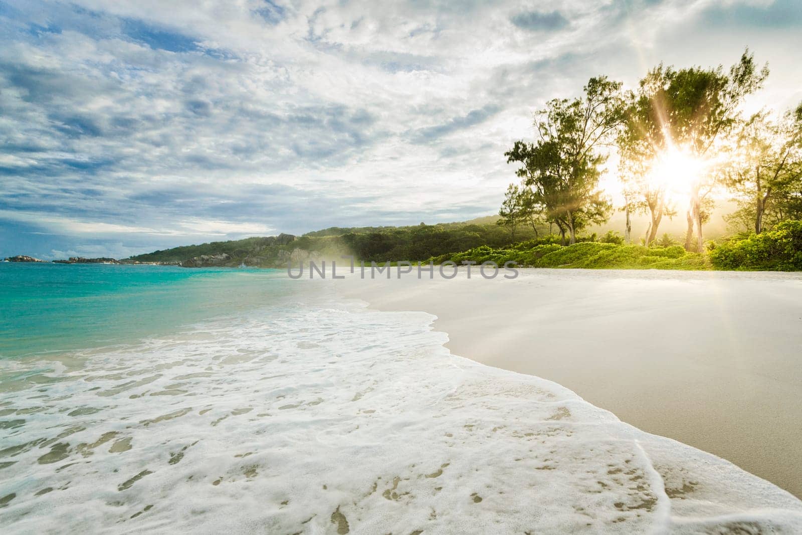 Beautiful view of a tropical beach in La Digue, Seychelles
