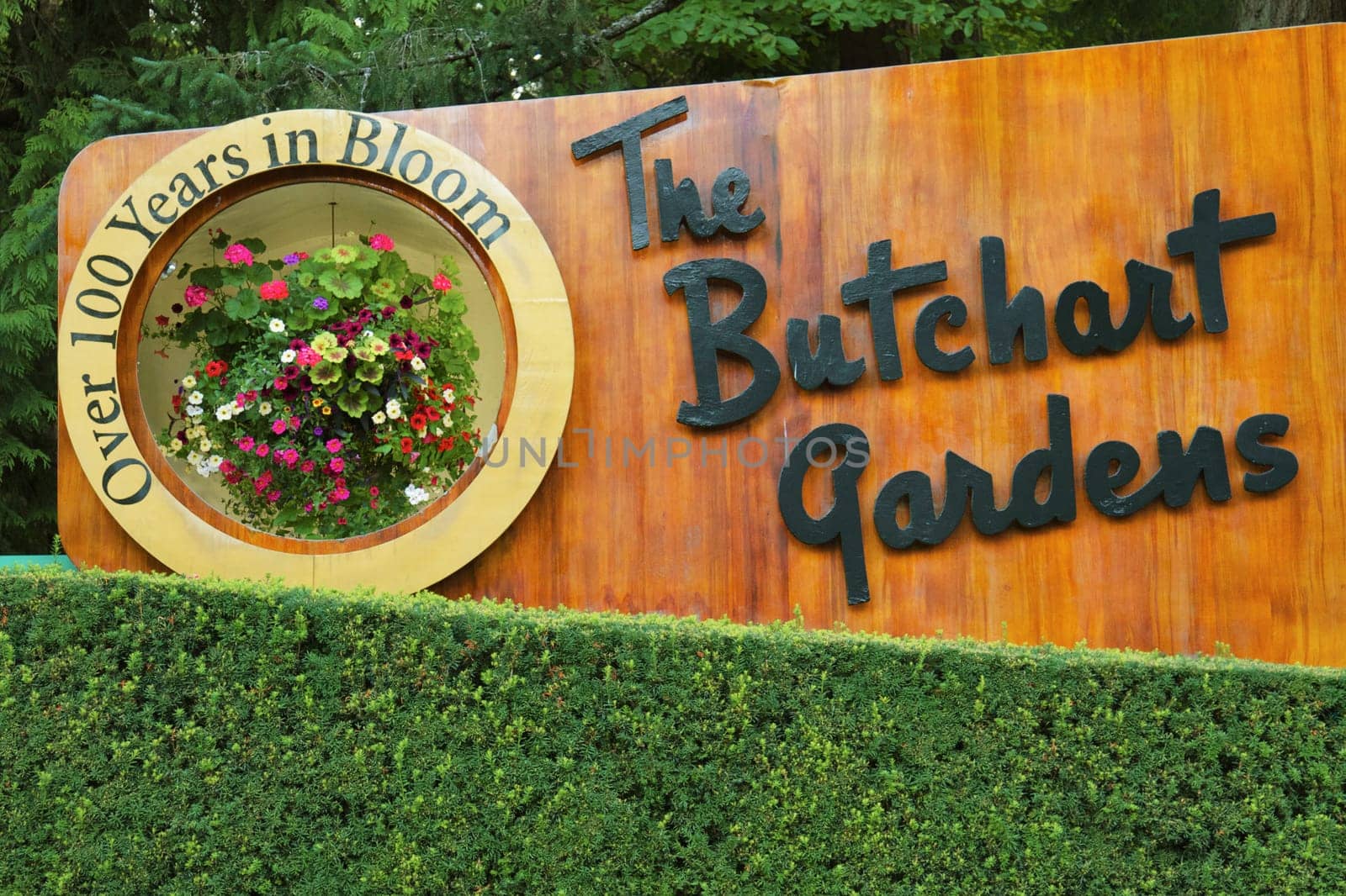 VICTORIA, BRITISH COLUMBIA, CANADA - AUGUST 11, 2011: The Sign of the Butchart Gardens in Victoria BC. Butchart Gardens is a Group of Floral Display Gardens and it Becomes National Historic Site of Canada.