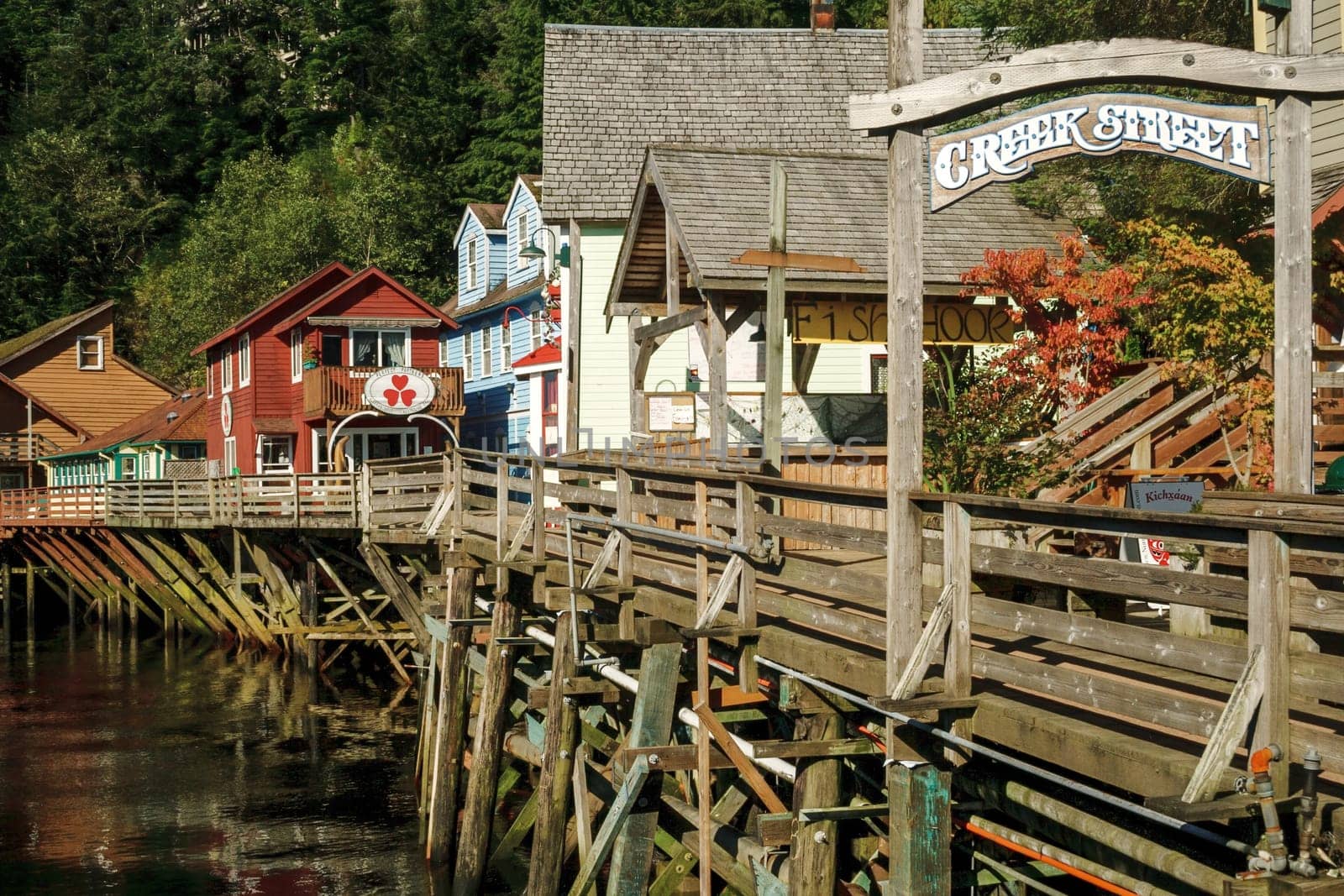 The famous historic Creek Street, formerly brothels, home of the famous Dolly the madam, in Ketchikan Alaska. A popular tourist shopping destination, especially for cruise ships.