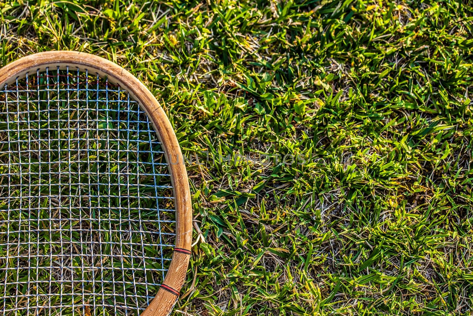 Vintage wood tennis racket on grass garden