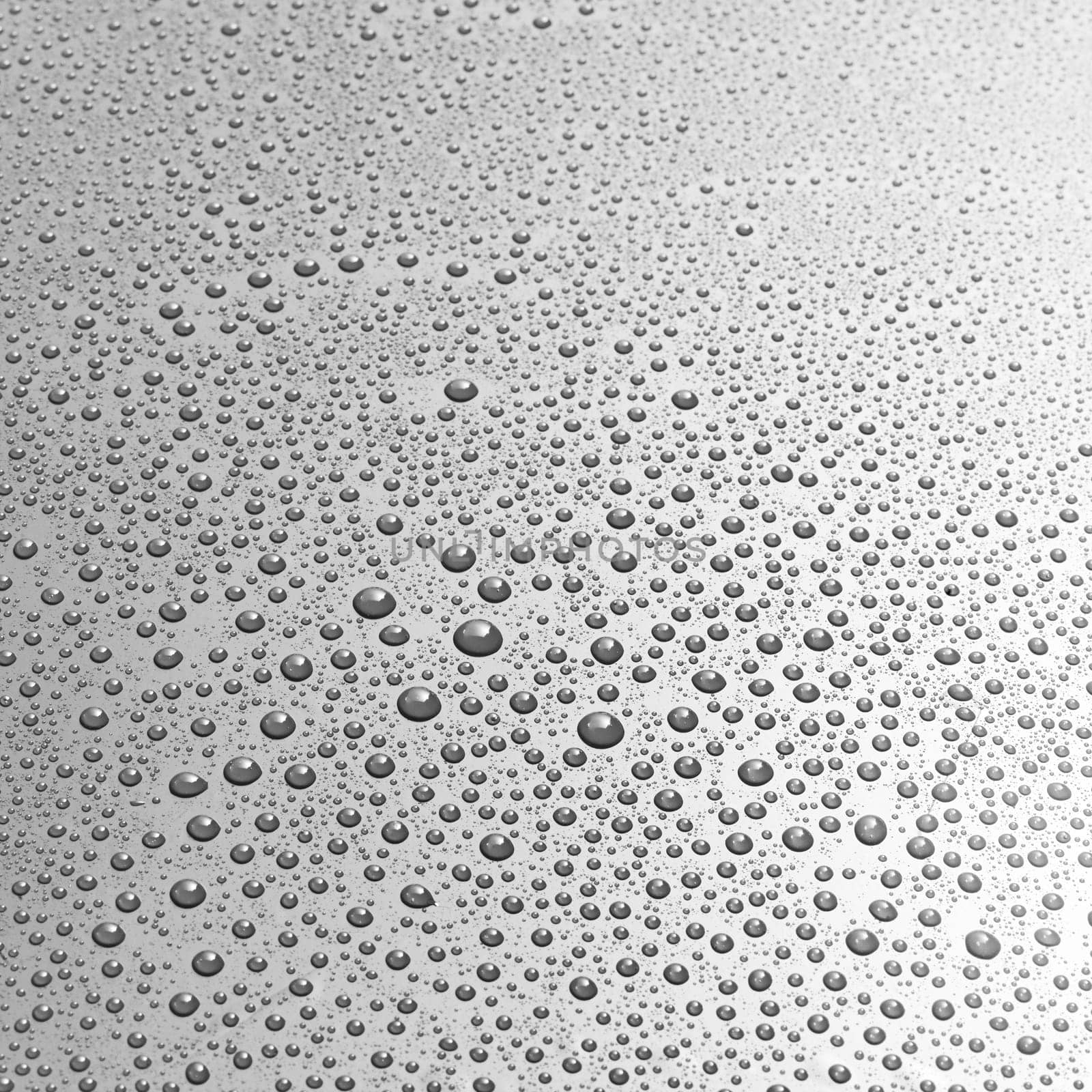Gray surface covered with randomly sized water droplets as full frame background about staying cool or condensation concept