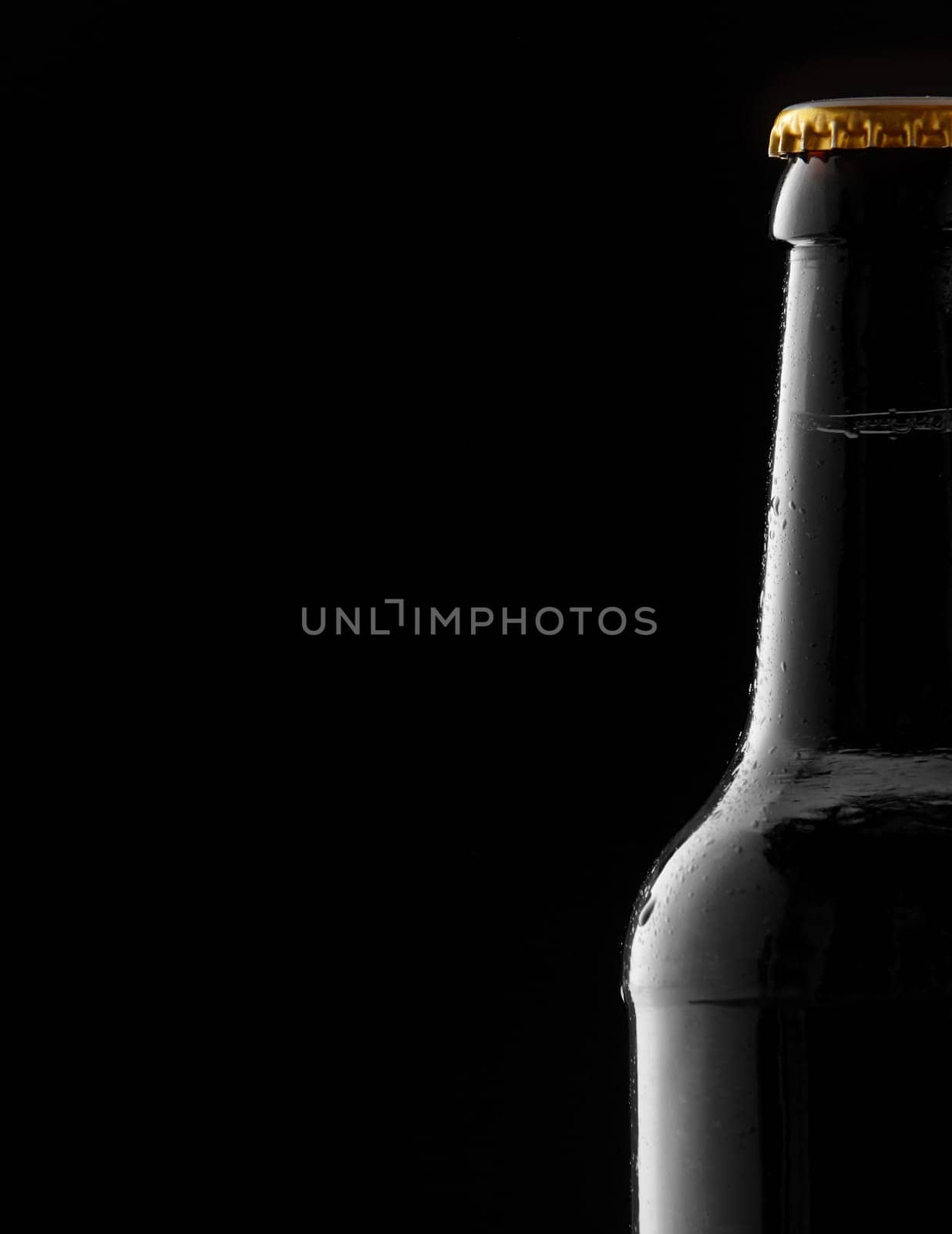 Partial cold sealed full beer bottle with condensation as a side border over a black background with copy space for your Oktoberfest advertising