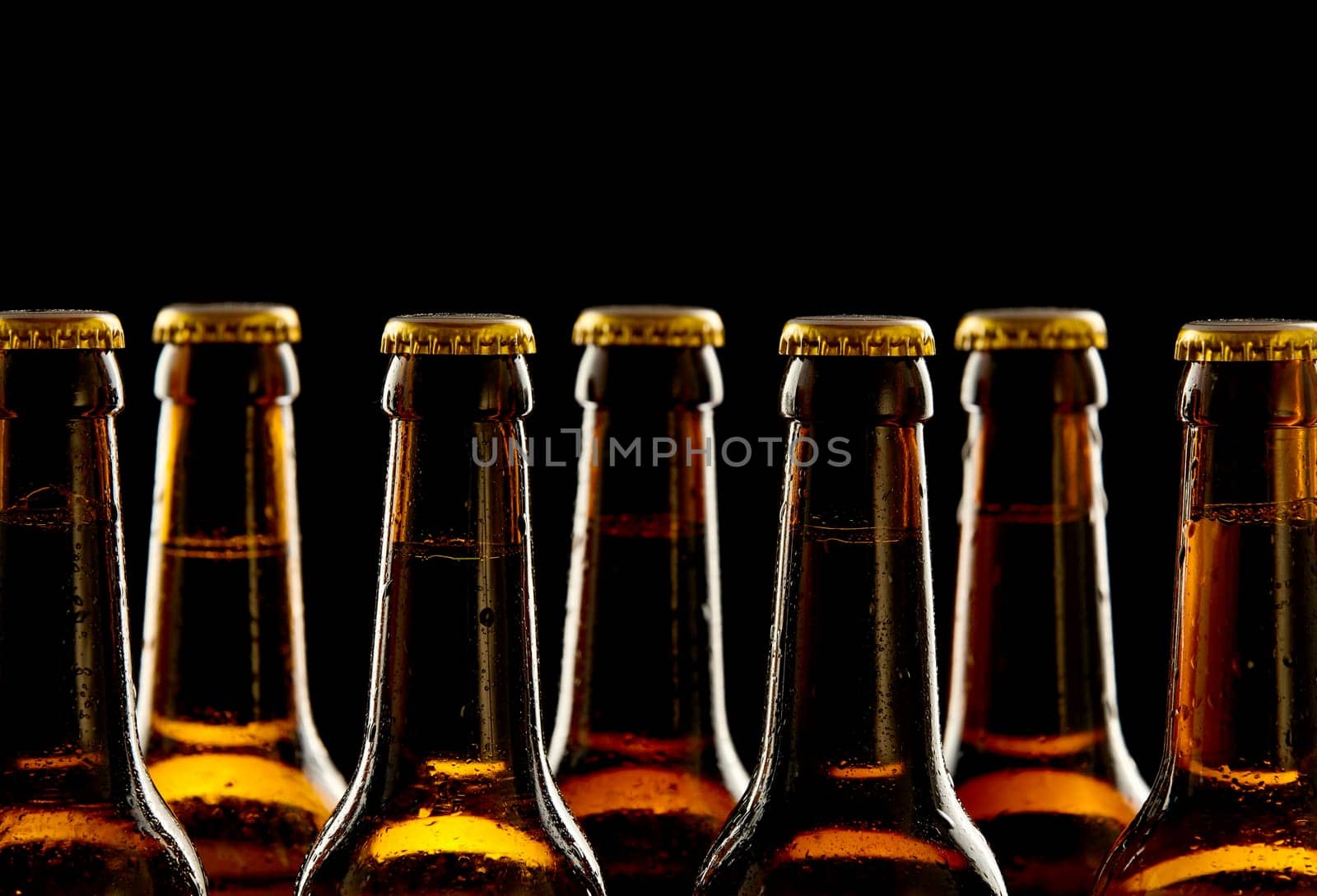 Row of chilled unopened brown beer bottles in a close up view of the necks and tops over a black background conceptual of Oktoberfest