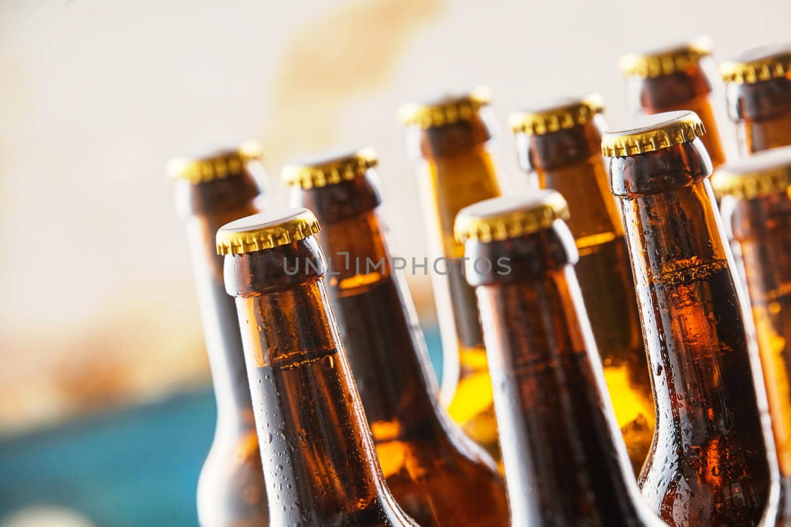 Chilled refreshing beers standing on a counter in a bar or pub with closeup focus to the necks and unopened tops and copy space conceptual of celebrating the Oktoberfest