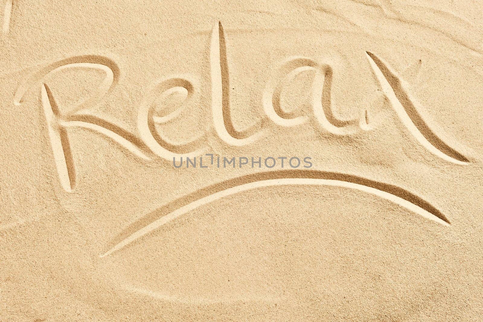 Relax sketched into golden beach sand with copy space below conceptual of tropical resorts and summer vacations
