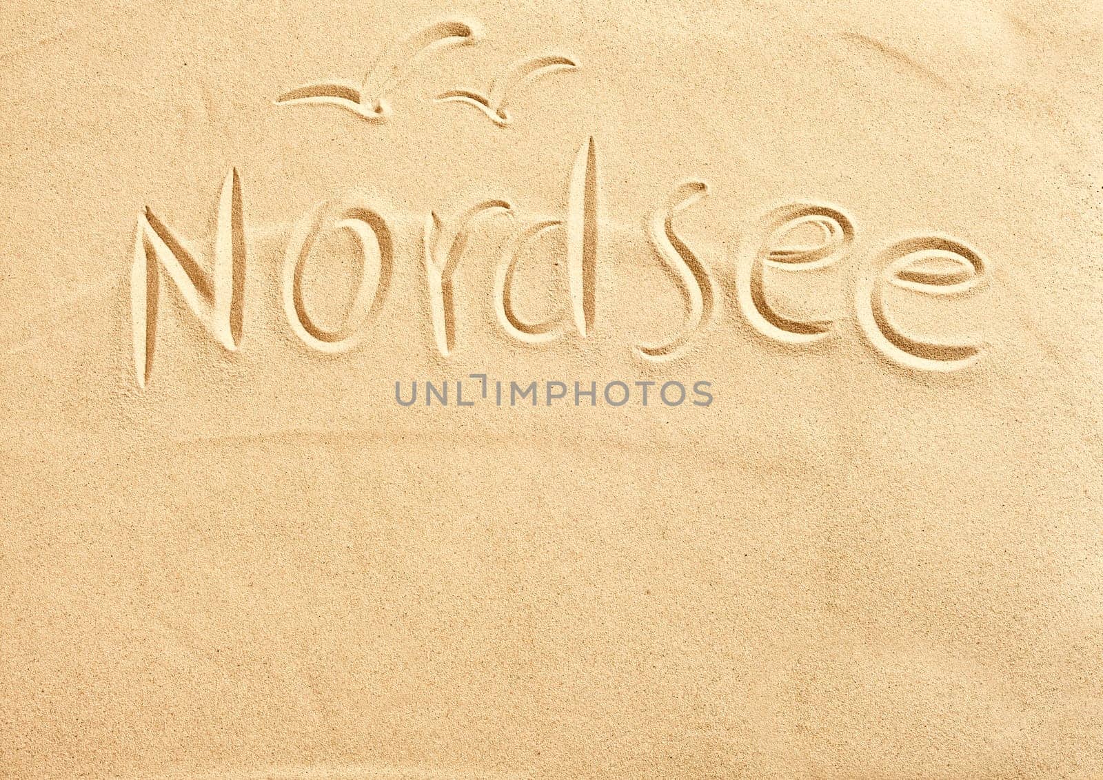 Nordsee German text and seagulls hand drawn in beach sand with copy space below conceptual of spring and summer vacations to North Sea travel destinations