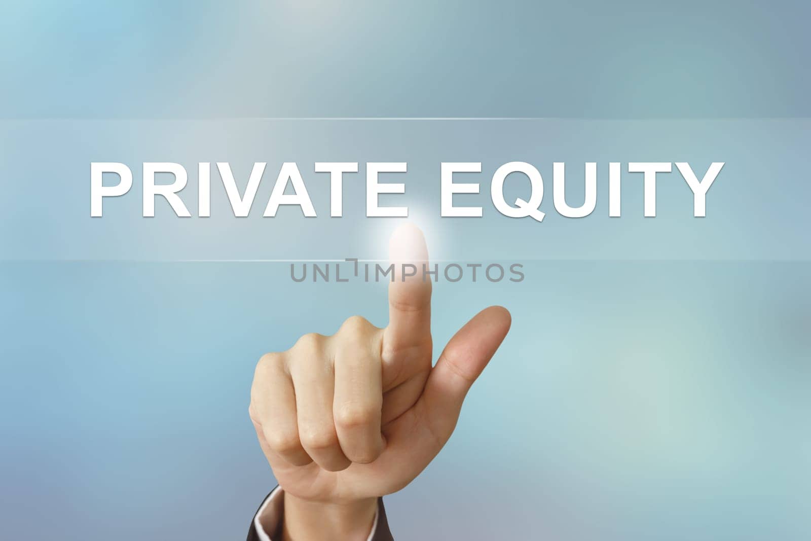 business hand pushing private equity button on blurred background