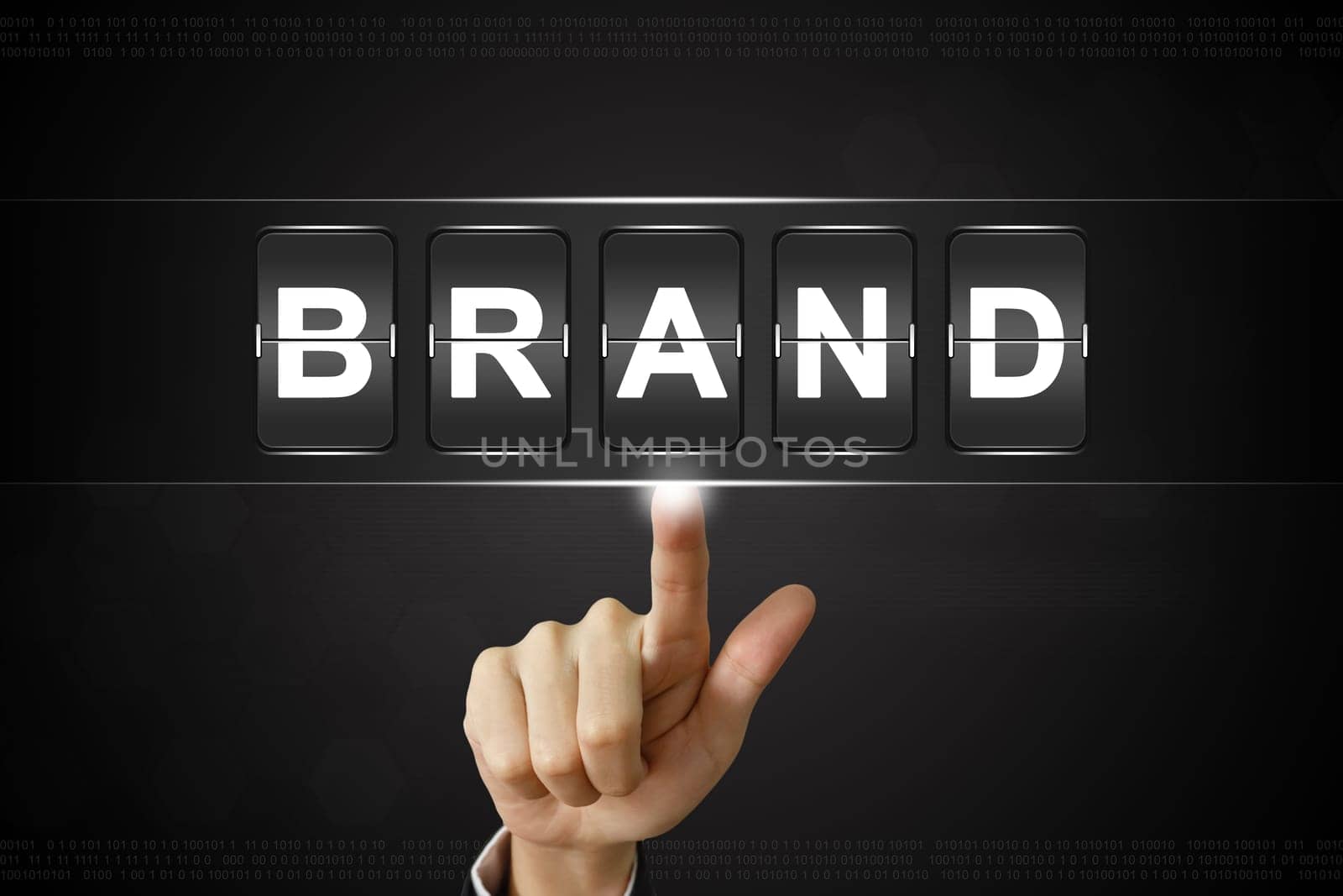 business hand pushing brand on Flipboard Display