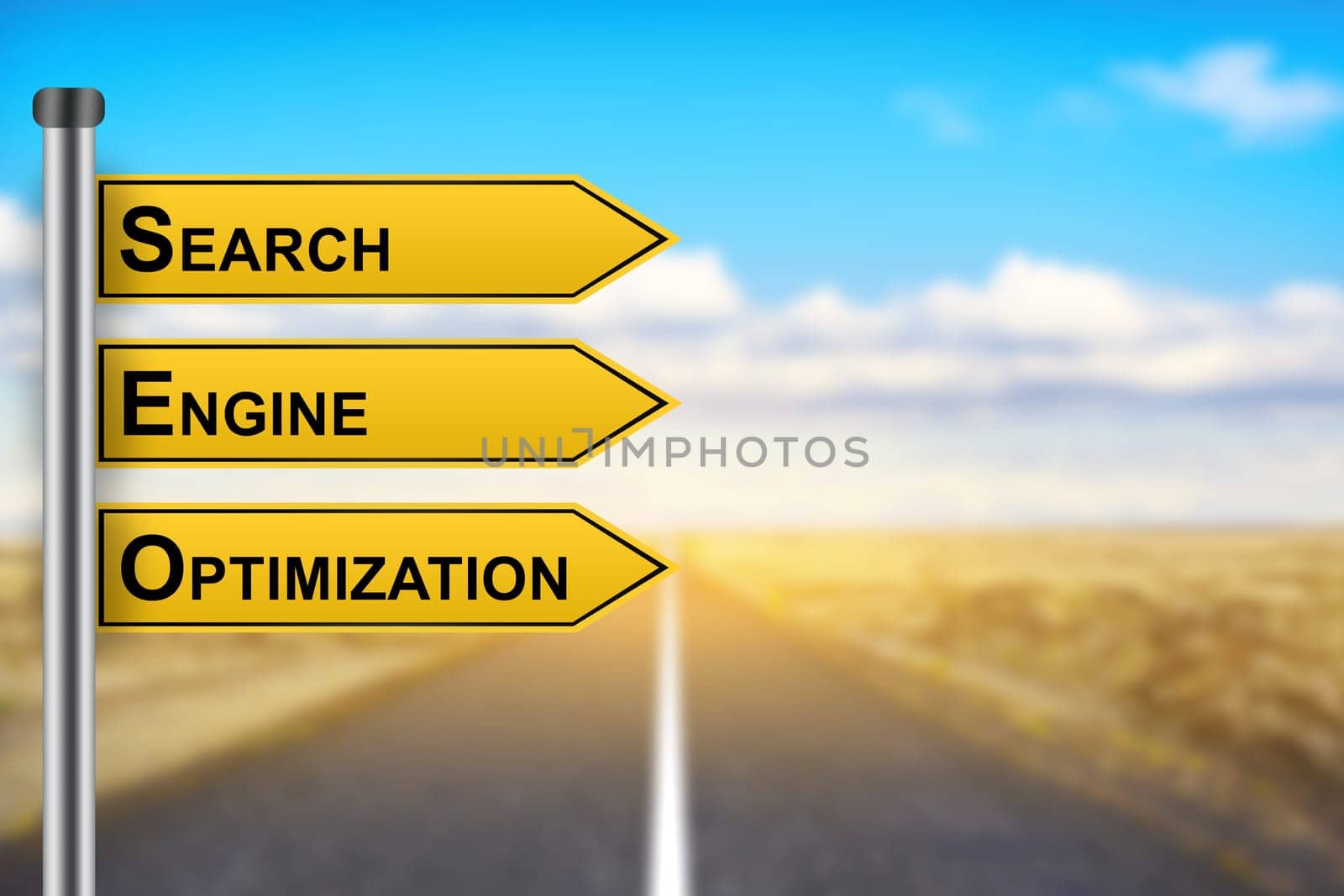 SEO or Search engine optimization words on yellow road sign with blurred background