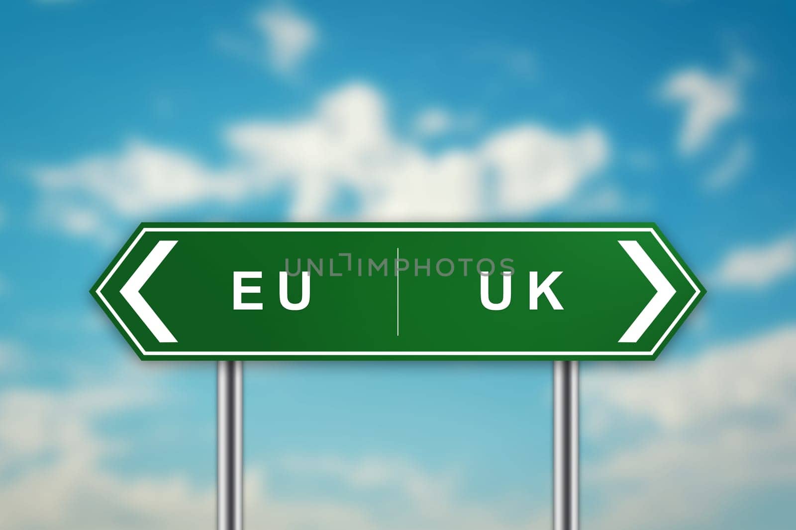 EURO and UK on green road sign with blurred blue sky, brexit or british exit concept