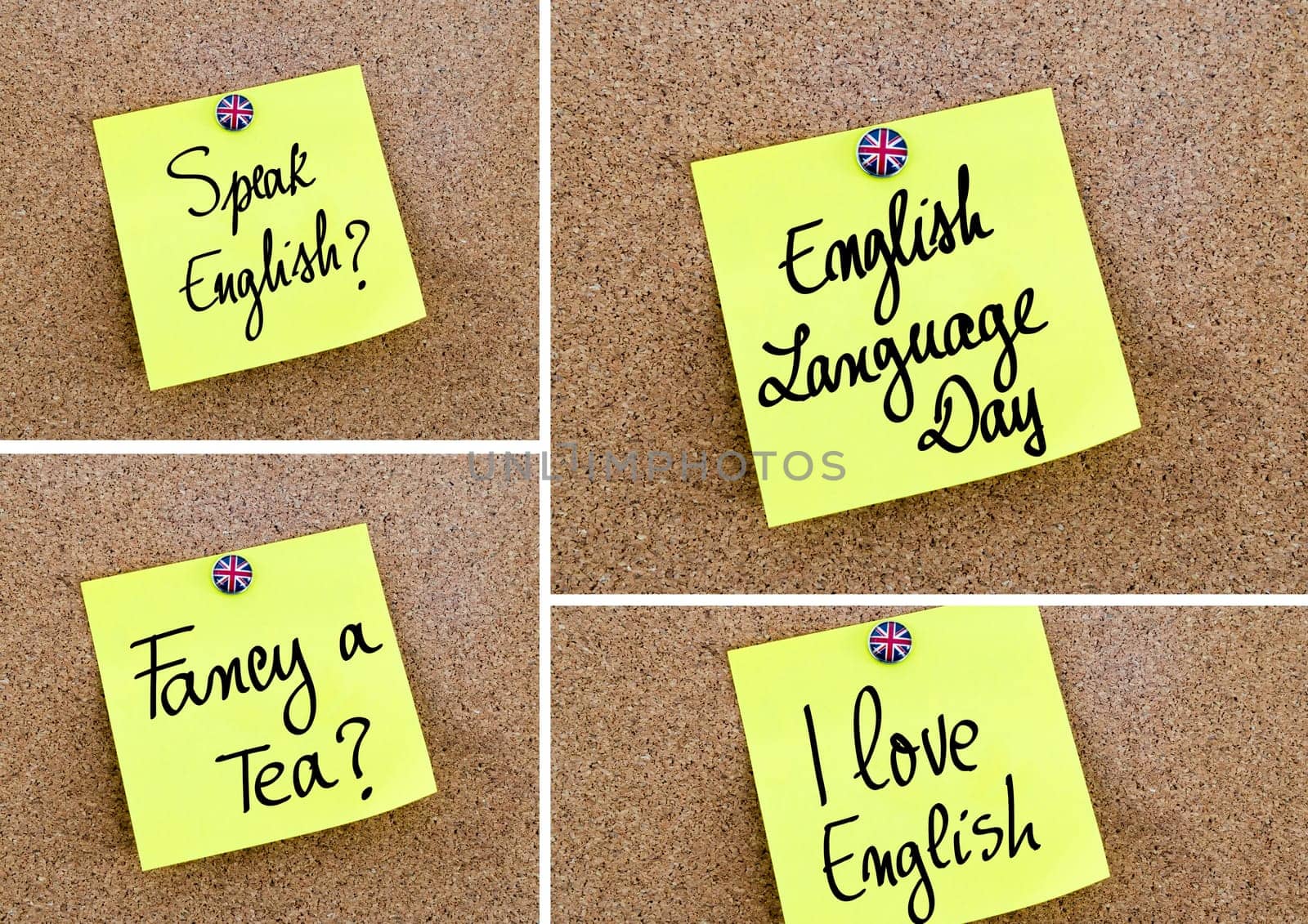 Photo Collage of various written texts with message Learn English over yellow paper note pinned on cork board