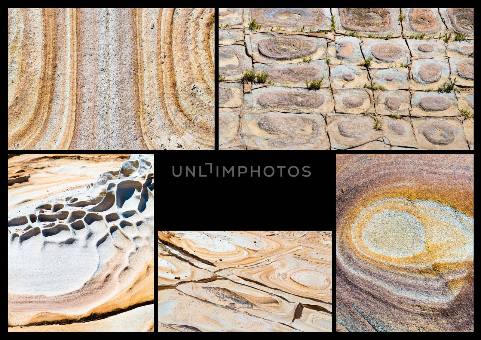 Photo Collage of various Australian rock formation background, sandstone texture with iron traces in australia, devonian stones. Copy space available for text in the middle
